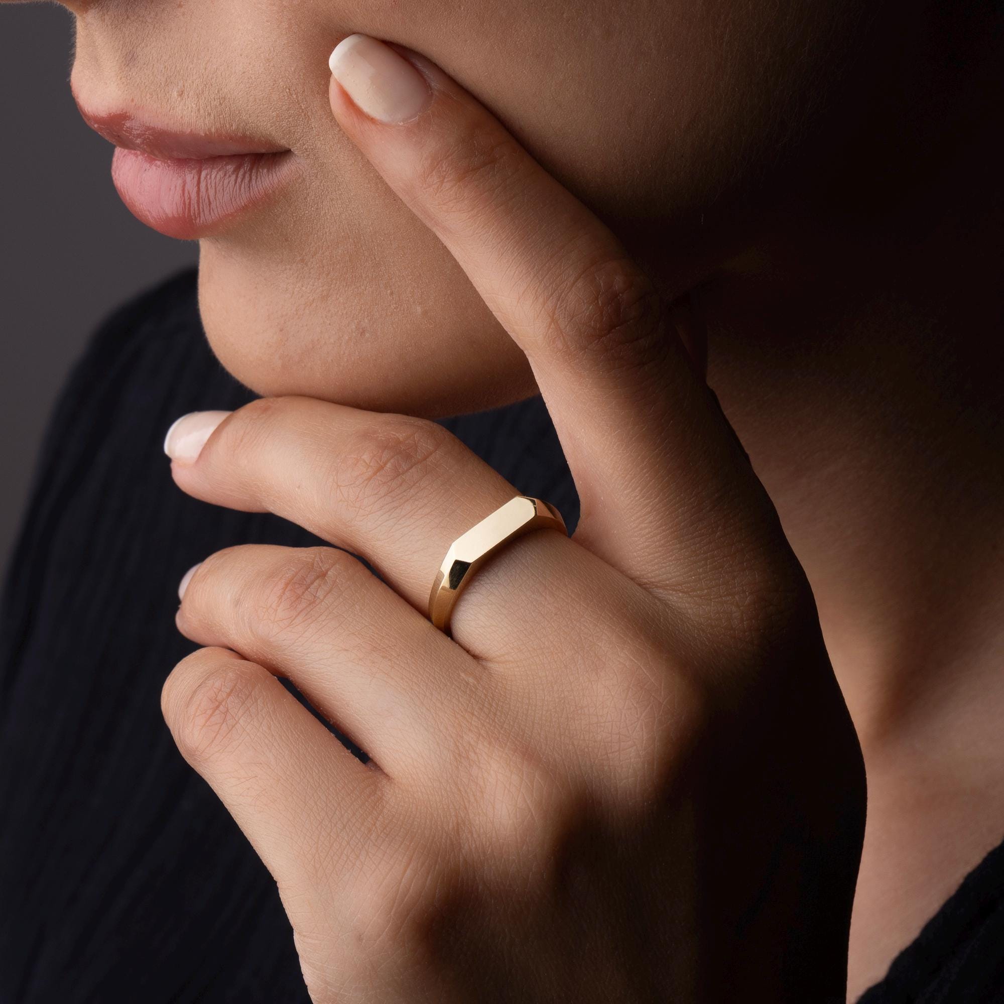 14K Solid Gold Geometric Ring – Minimalist Hexagon Signet Band