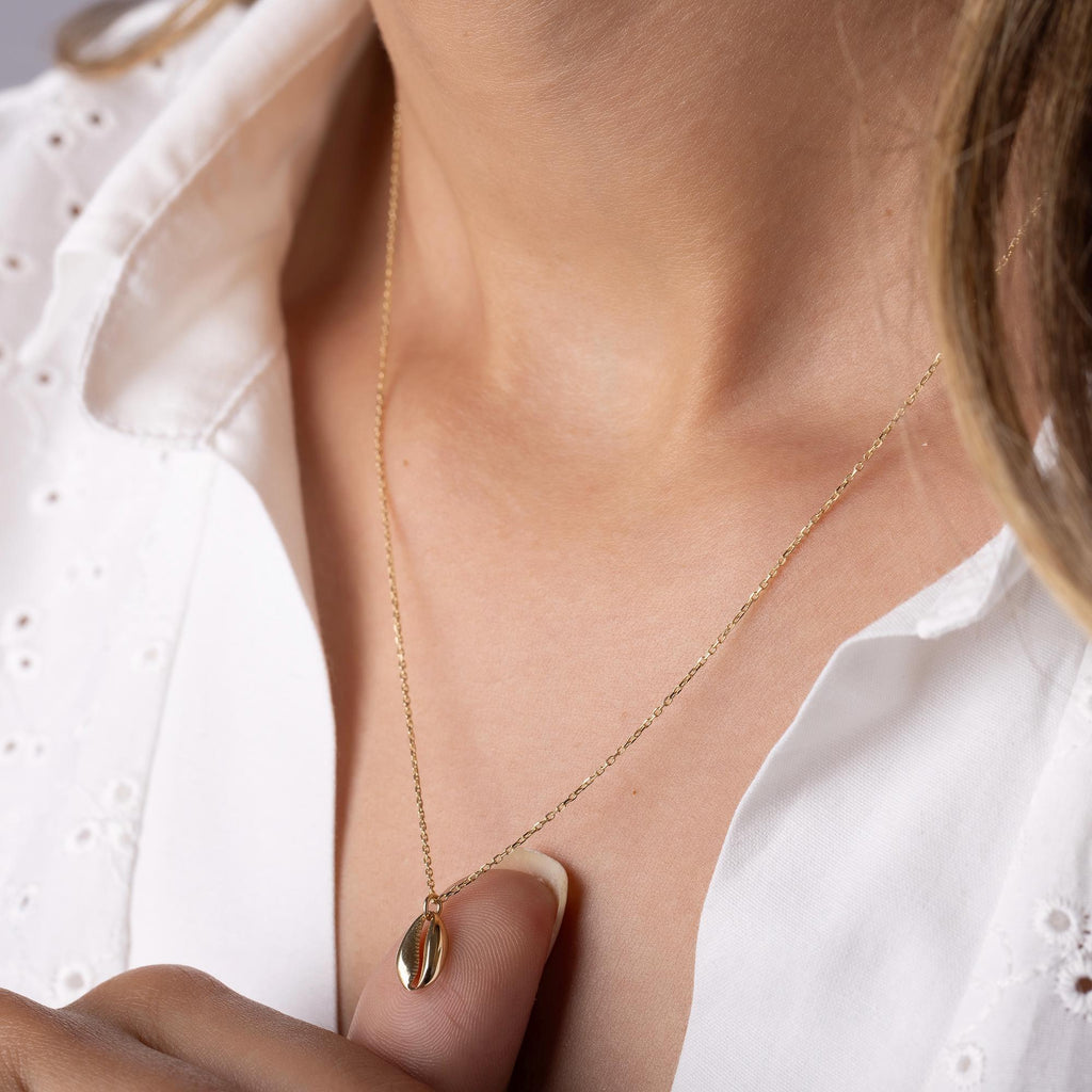 14K Solid Gold Cowrie Shell Necklace - Real Gold Seashell Pendant