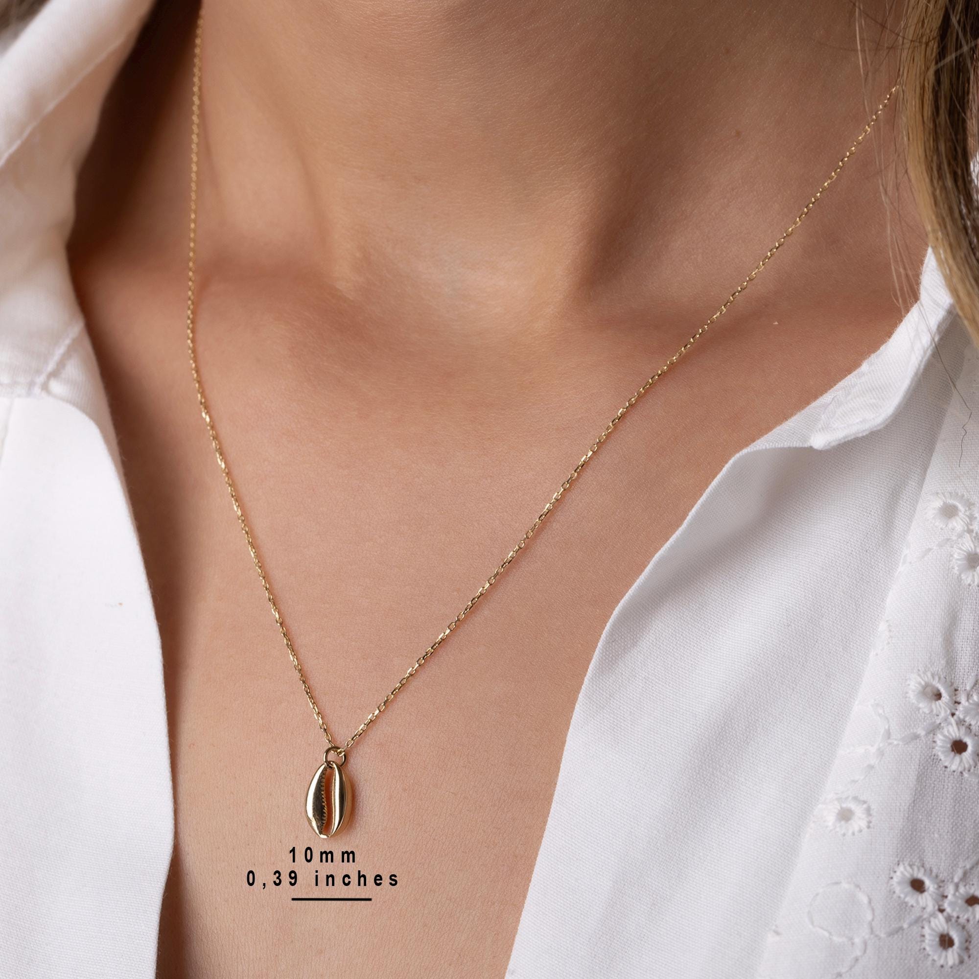 14K Solid Gold Cowrie Shell Necklace - Real Gold Seashell Pendant