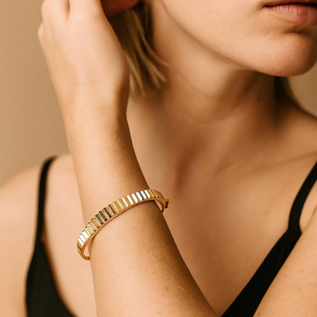 14K Solid Gold Ribbed Bangle Bracelet – Bold Minimalist Cuff
