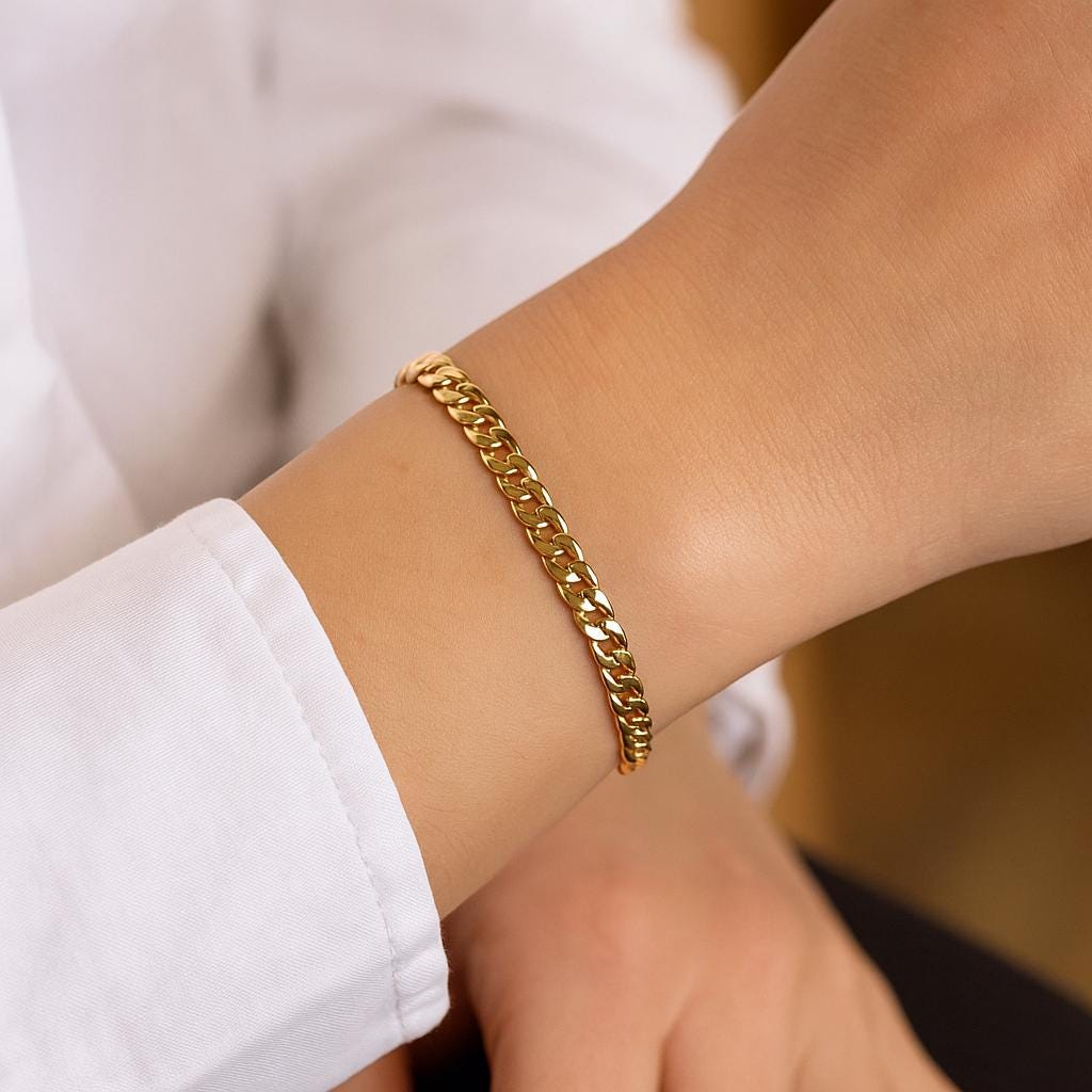 14K Solid Gold Curb Chain Bracelet – 4mm Thick Real Gold Jewelry