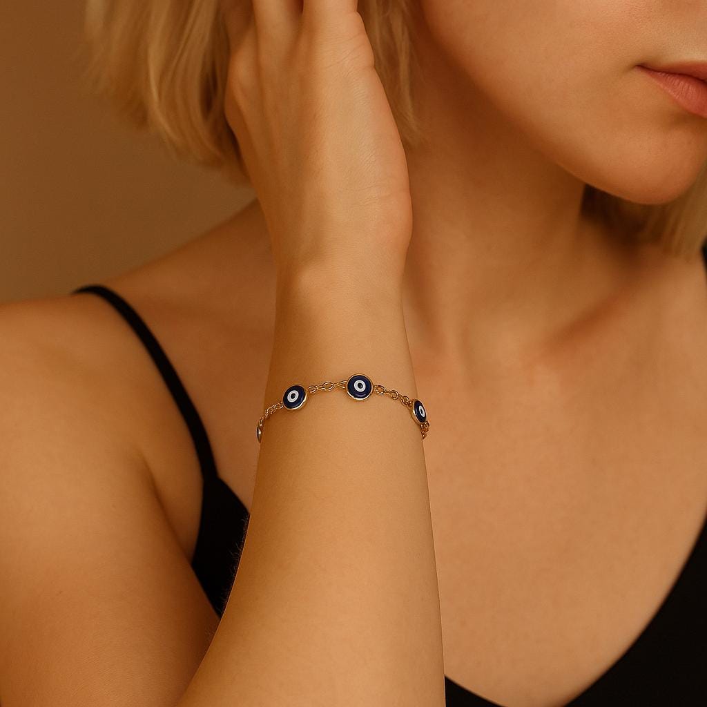 14K Solid Gold Evil Eye Bracelet – Dainty Real Gold Jewelry with Blue Enamel Charms