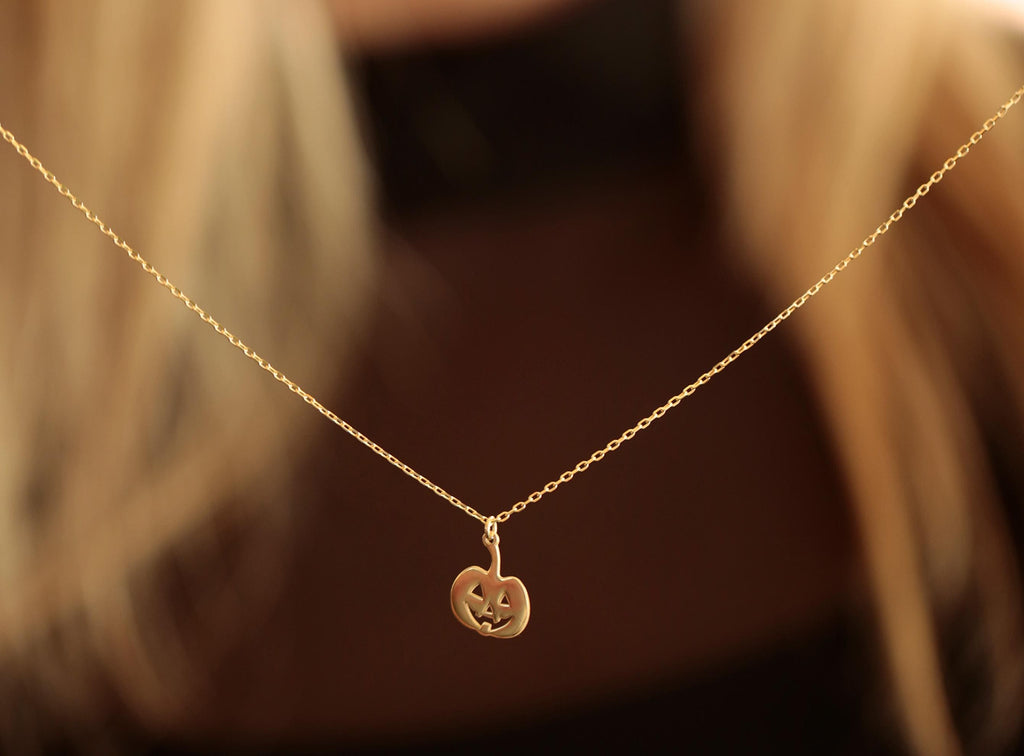 14K Solid Gold Pumpkin Necklace - Gold Jack O’ Lantern Pendant