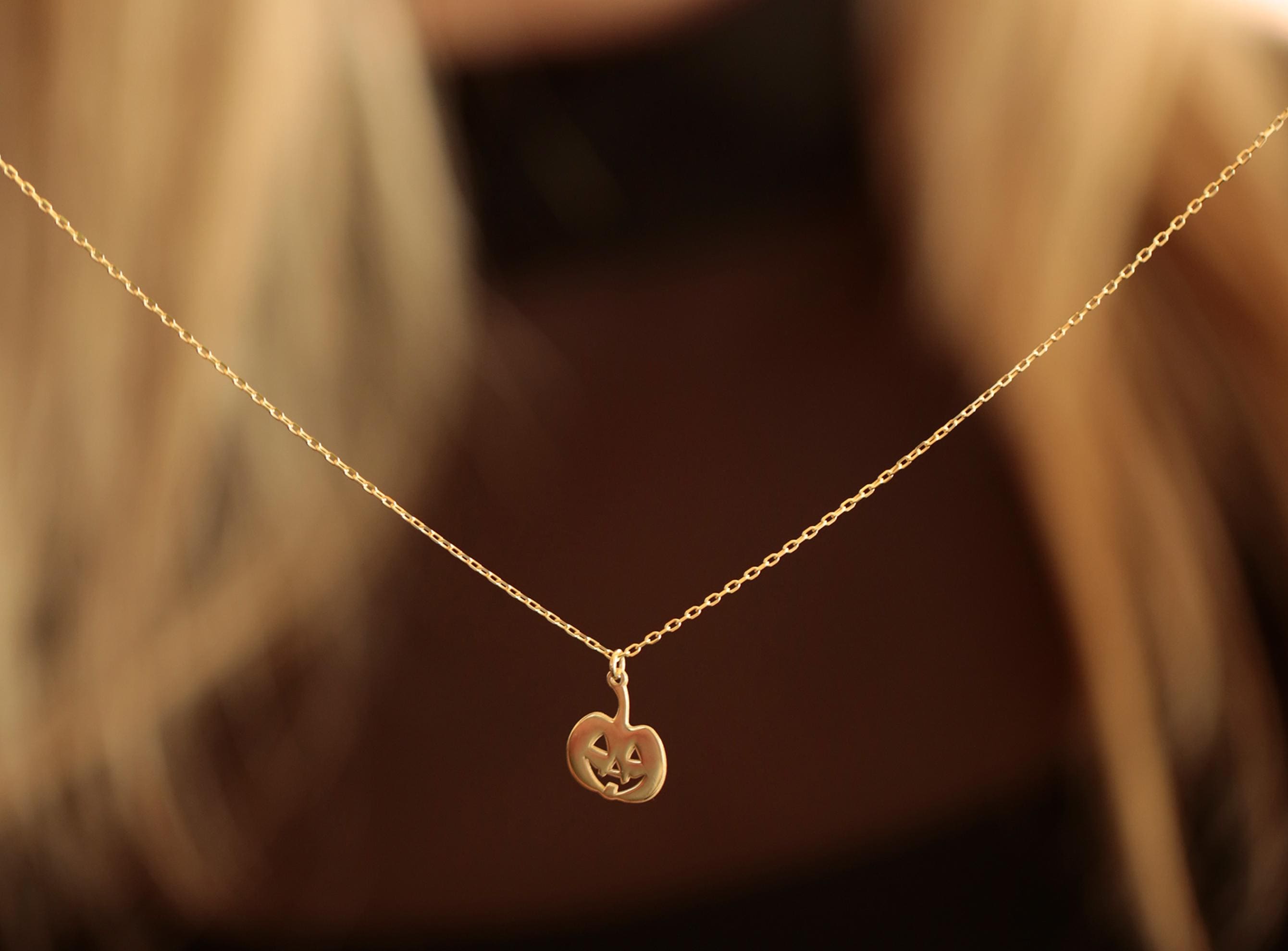 14K Solid Gold Pumpkin Necklace - Gold Jack O’ Lantern Pendant