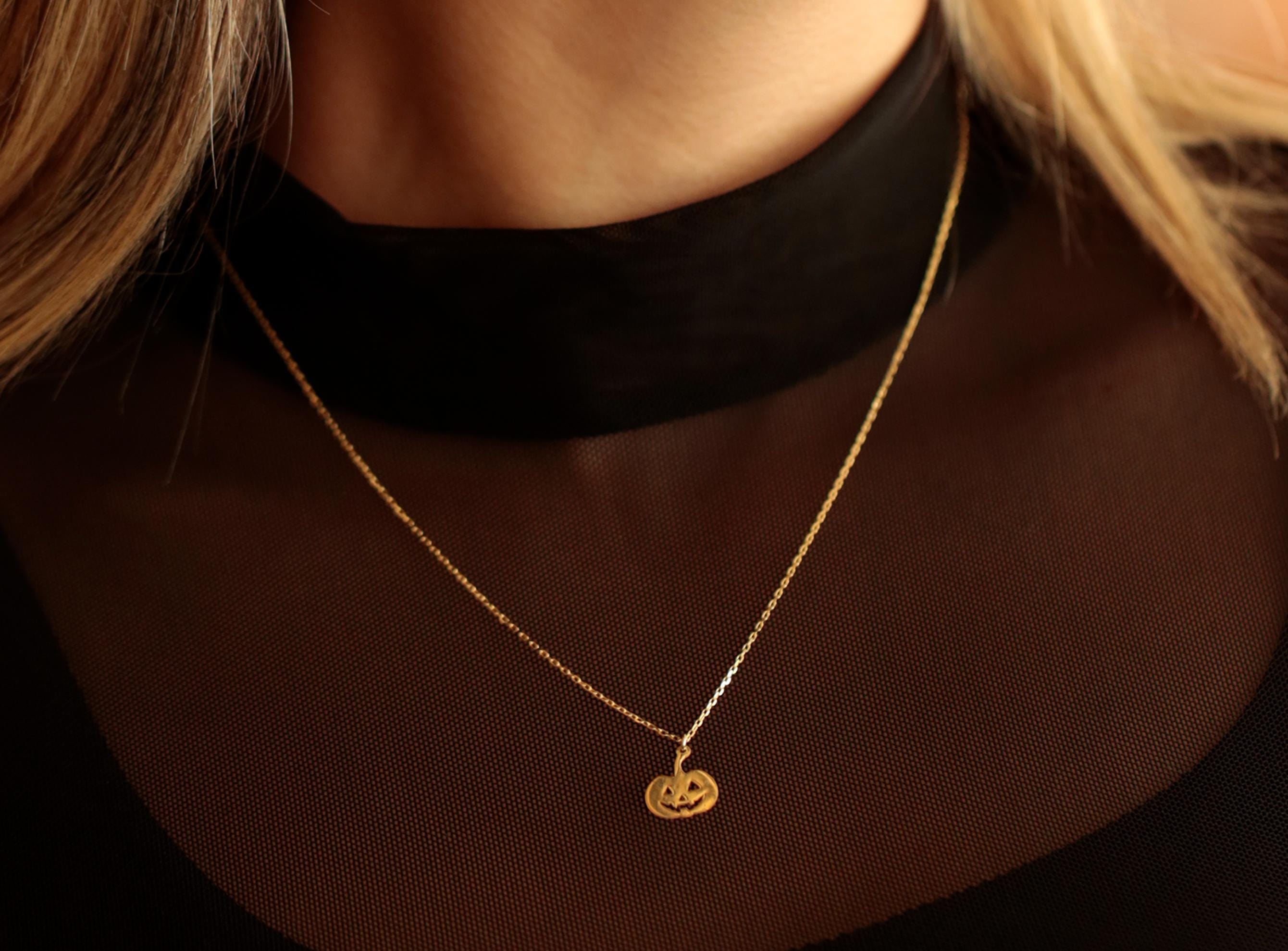 14K Solid Gold Pumpkin Necklace - Gold Jack O’ Lantern Pendant