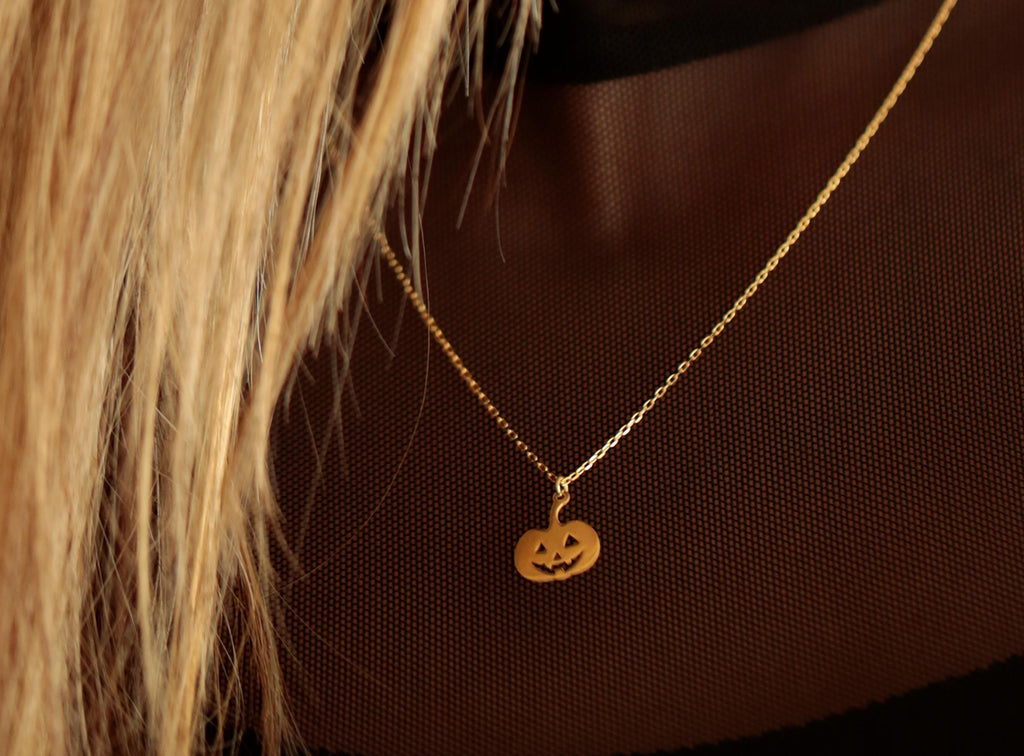 14K Solid Gold Pumpkin Necklace - Gold Jack O’ Lantern Pendant