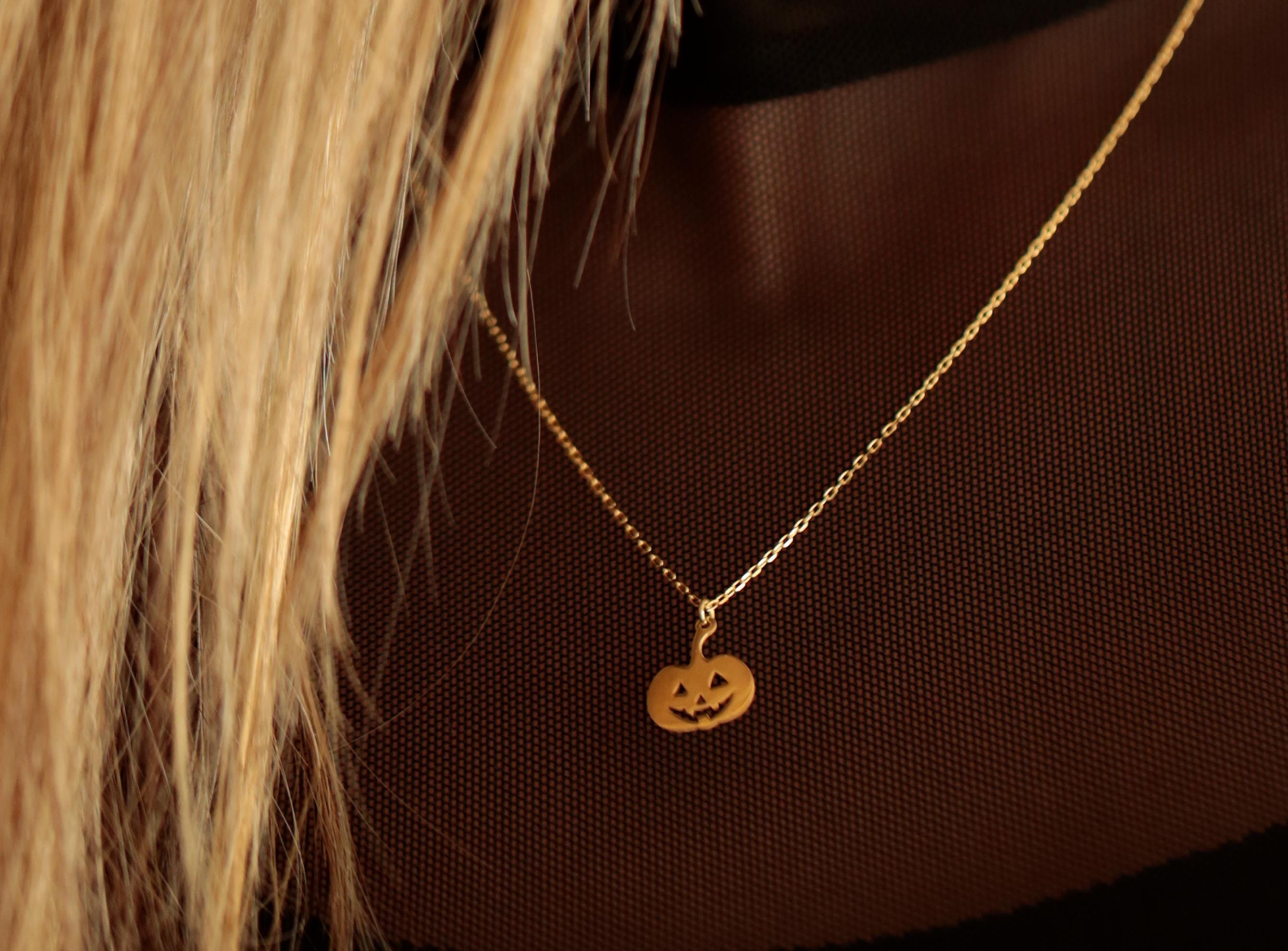 14K Solid Gold Pumpkin Necklace - Gold Jack O’ Lantern Pendant