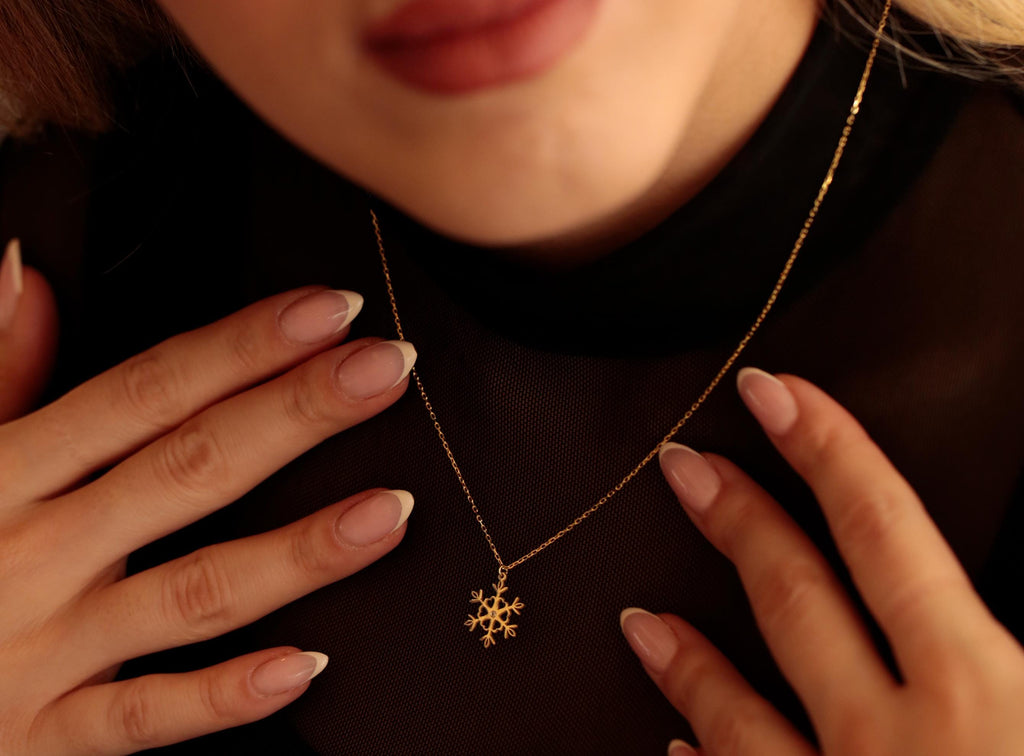 14K Solid Gold Snowflake Necklace - Real Gold Winter Pendant