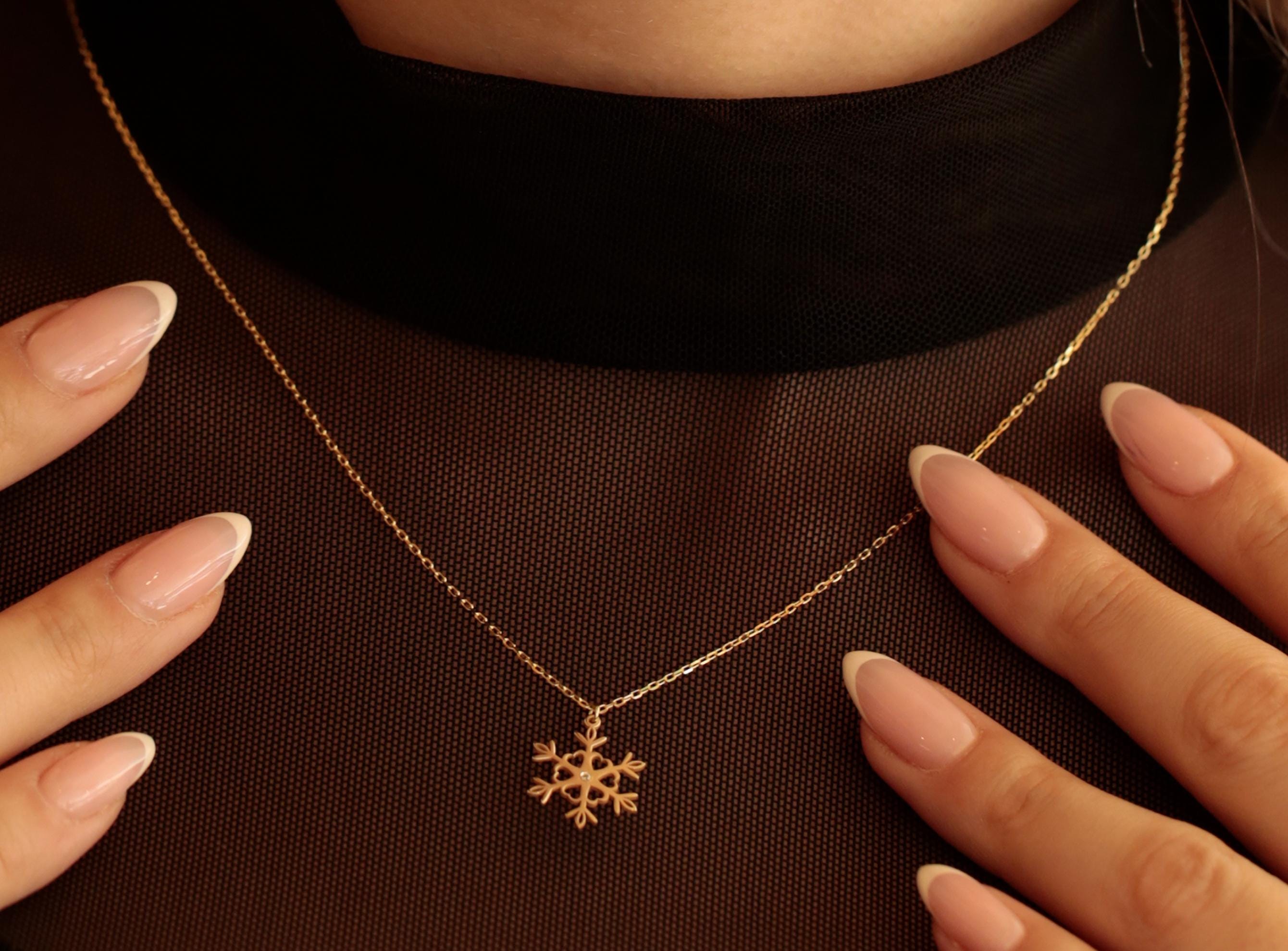 14K Solid Gold Snowflake Necklace - Real Gold Winter Pendant