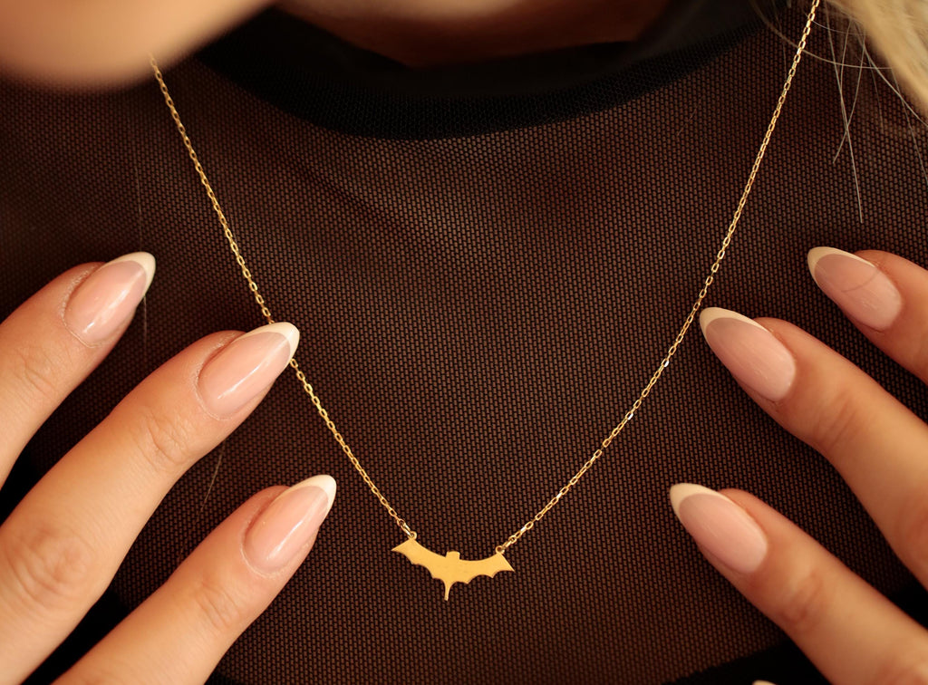 14K Solid Gold Bat Necklace - Dainty Real Gold Pendant