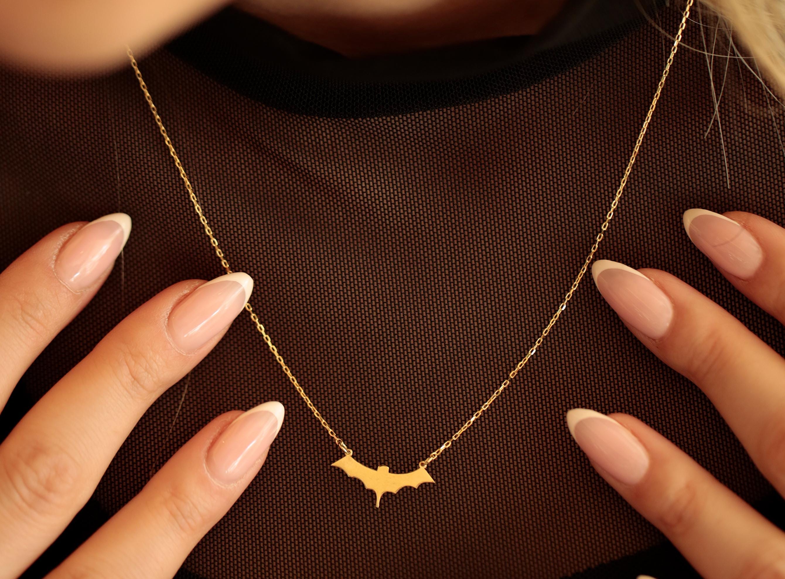 14K Solid Gold Bat Necklace - Dainty Real Gold Pendant
