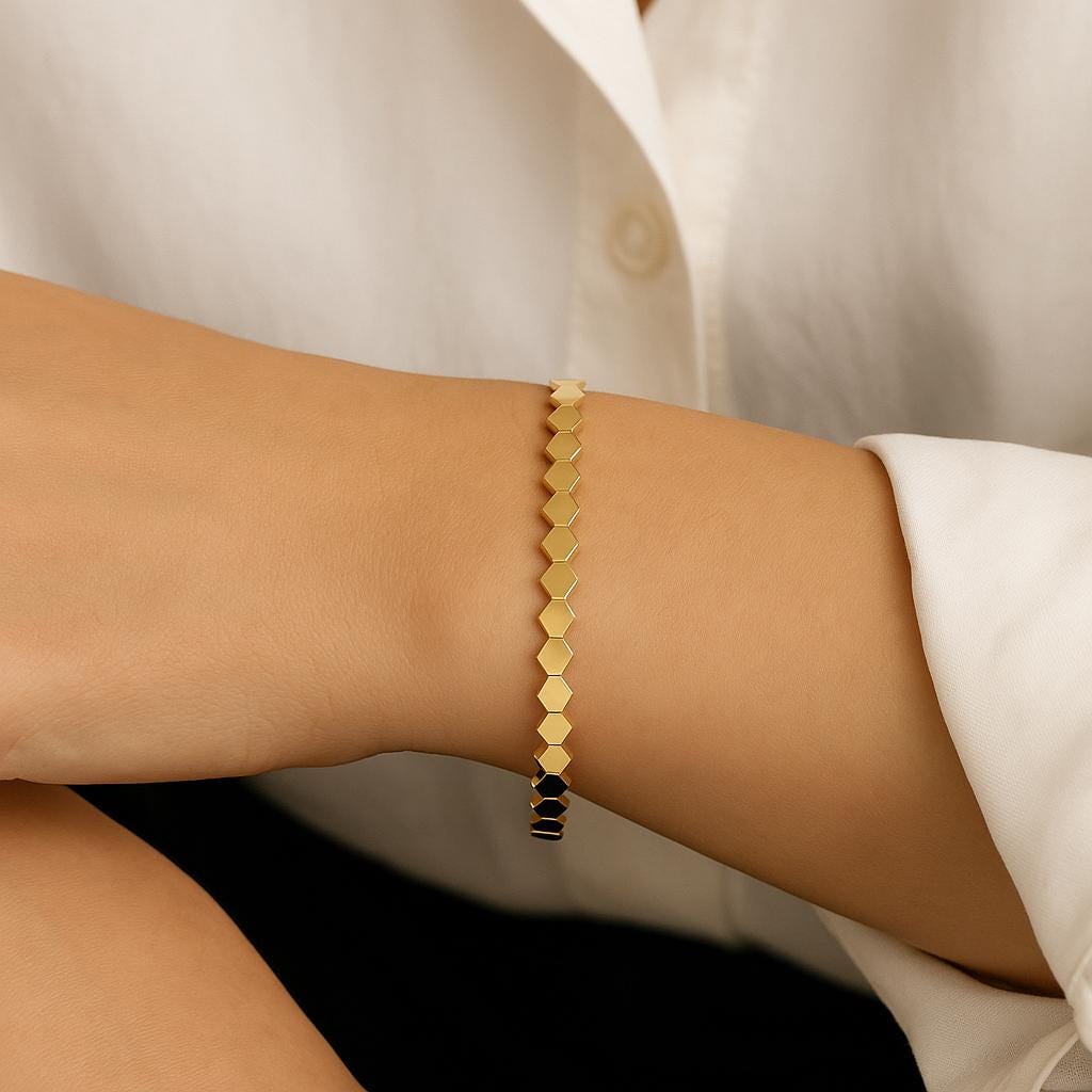 14K Solid Gold Diamond Cut Bracelet – Geometric Real Gold Jewelry