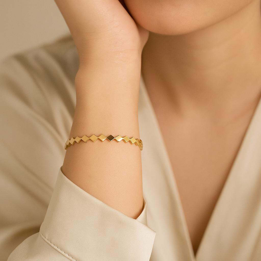 14K Solid Gold Diamond Cut Bracelet – Geometric Real Gold Jewelry