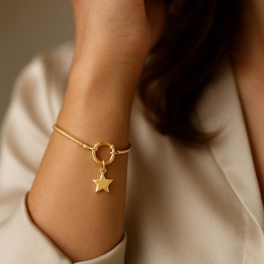 14K Solid Gold Star Charm Bracelet – Handmade Real Gold Snake Chain Jewelry, Minimalist Everyday Bracelet, Dainty Gift for Women
