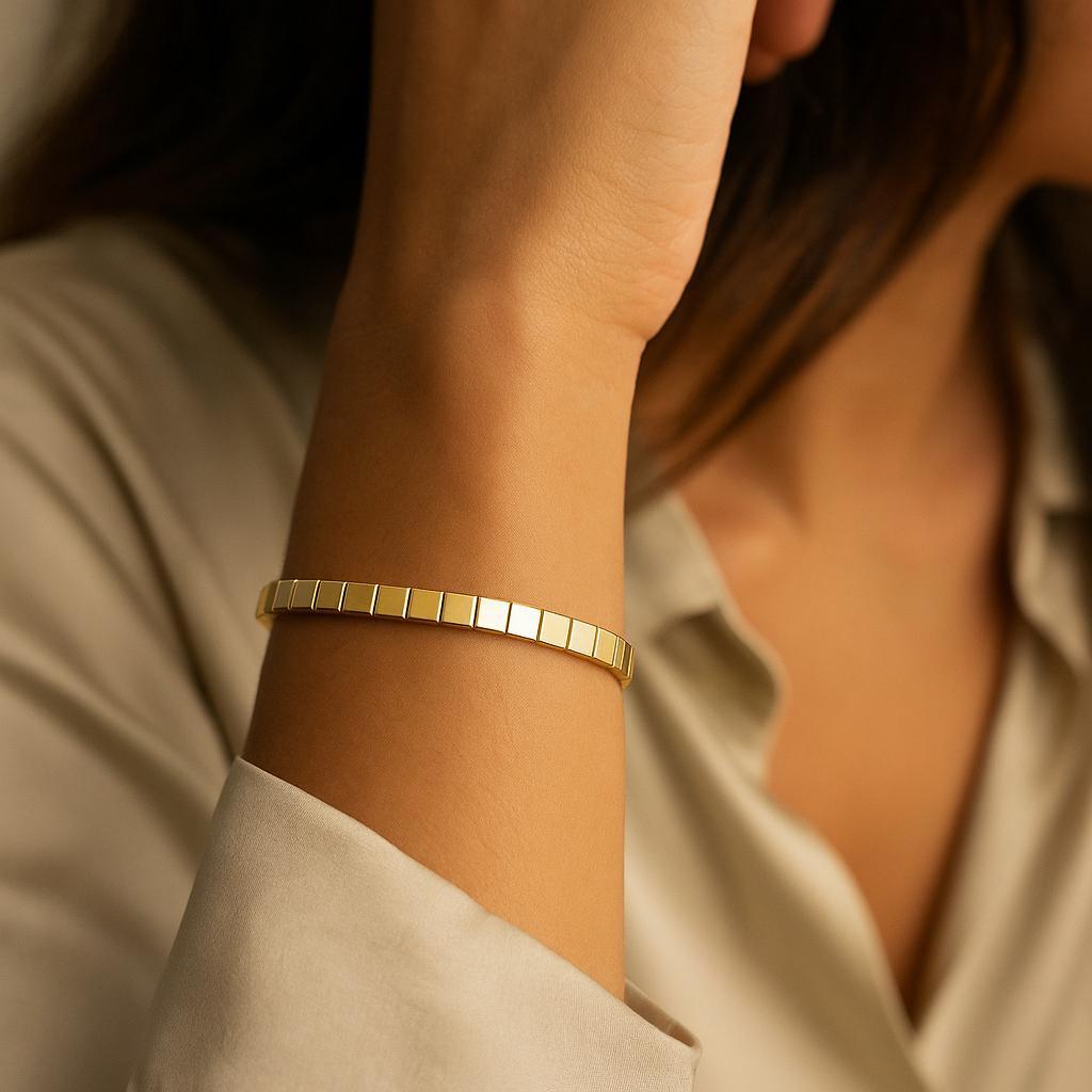 14K Solid Gold Square Link Bracelet – Handmade Real Gold Geometric Jewelry, Modern Statement Bracelet, Luxury Gift for Women