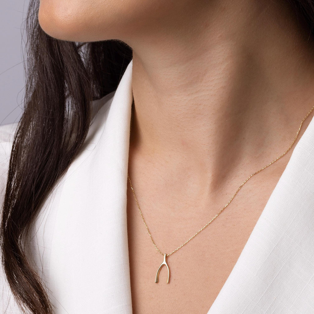 14K Solid Gold Wishbone Necklace - Dainty Lucky Charm Pendant