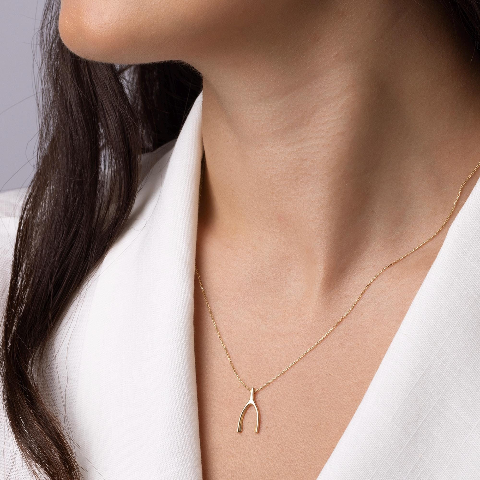 14K Solid Gold Wishbone Necklace - Dainty Lucky Charm Pendant