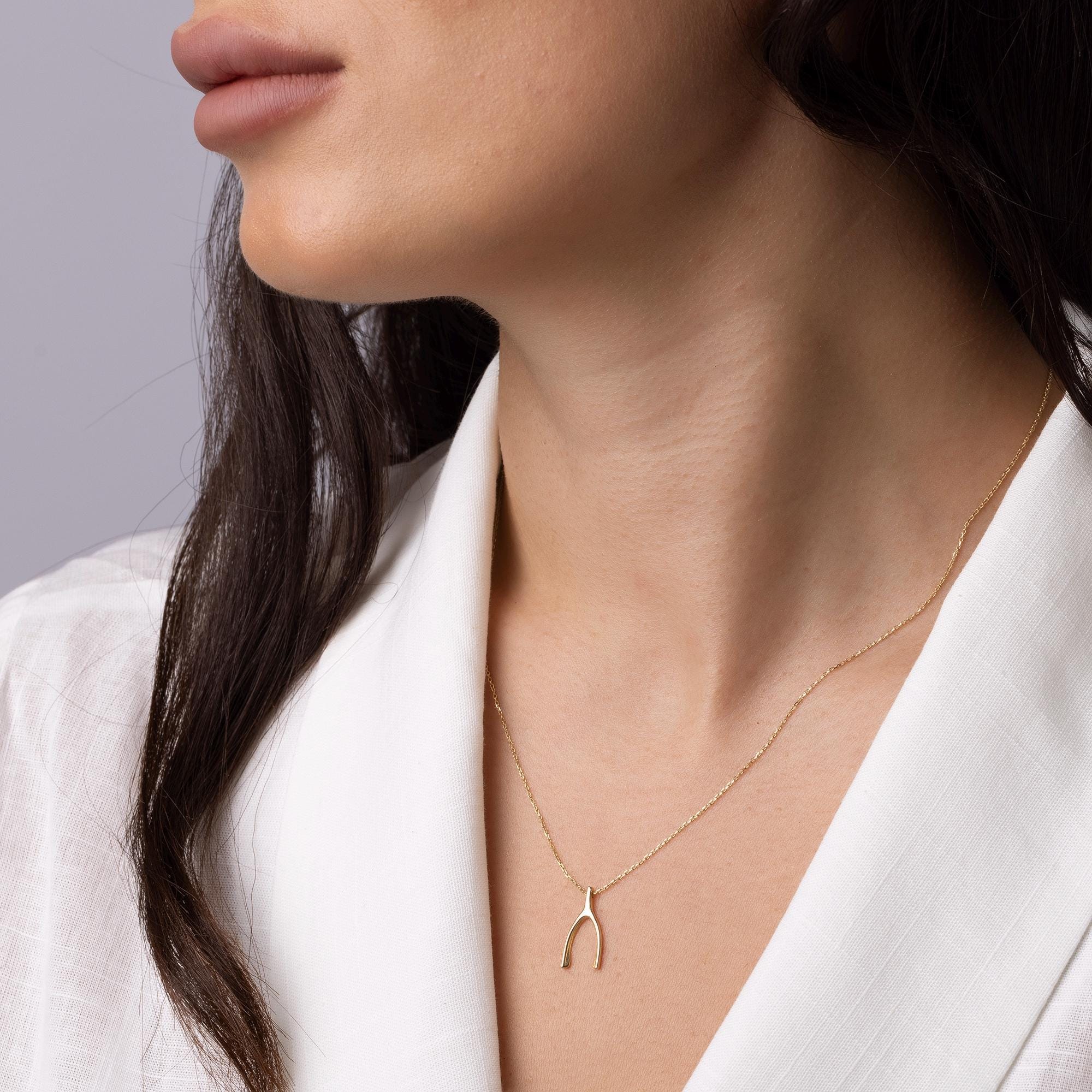 14K Solid Gold Wishbone Necklace - Dainty Lucky Charm Pendant