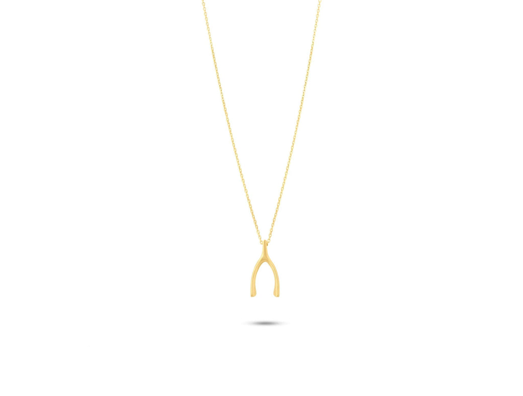 14K Solid Gold Wishbone Necklace - Dainty Lucky Charm Pendant