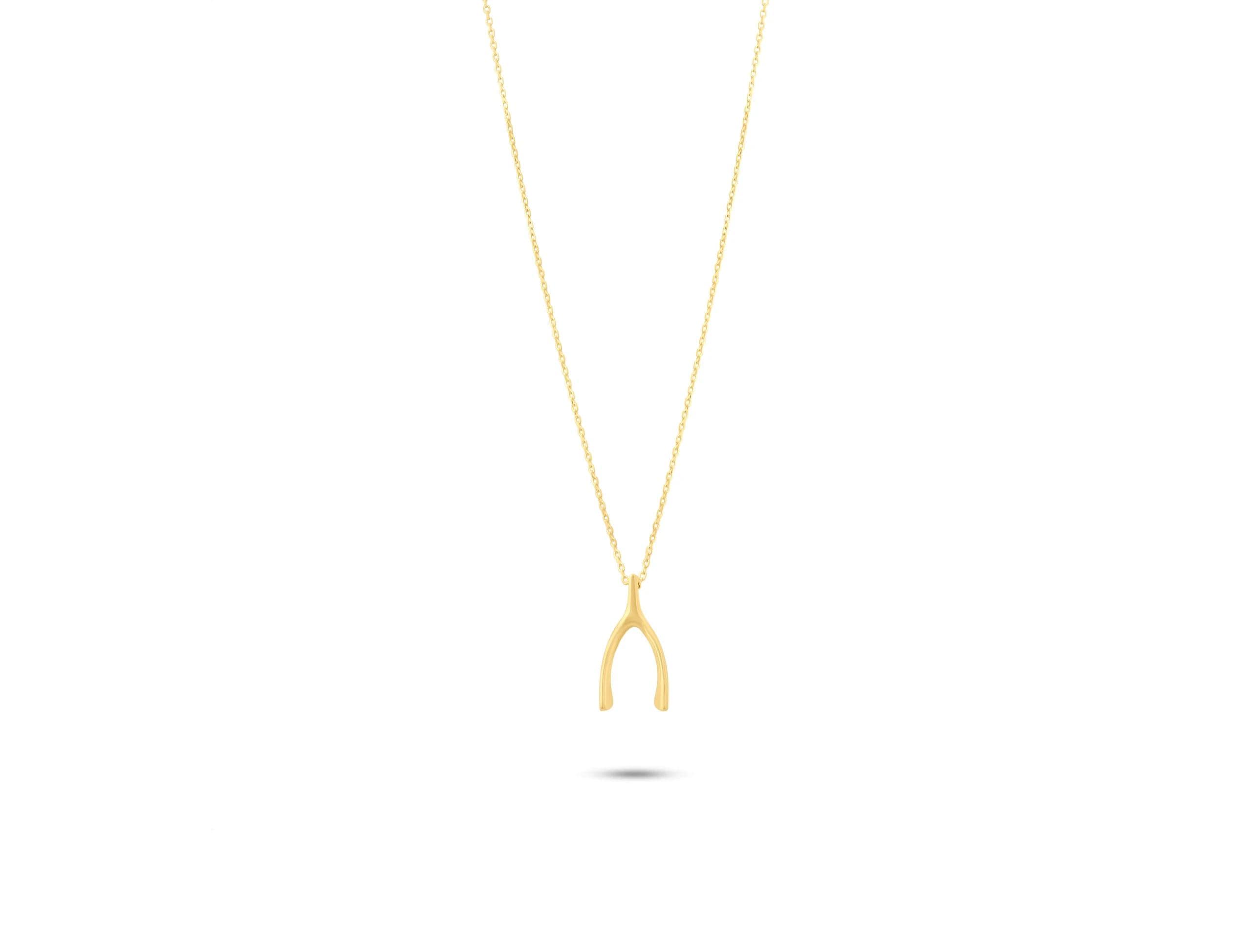 14K Solid Gold Wishbone Necklace - Dainty Lucky Charm Pendant