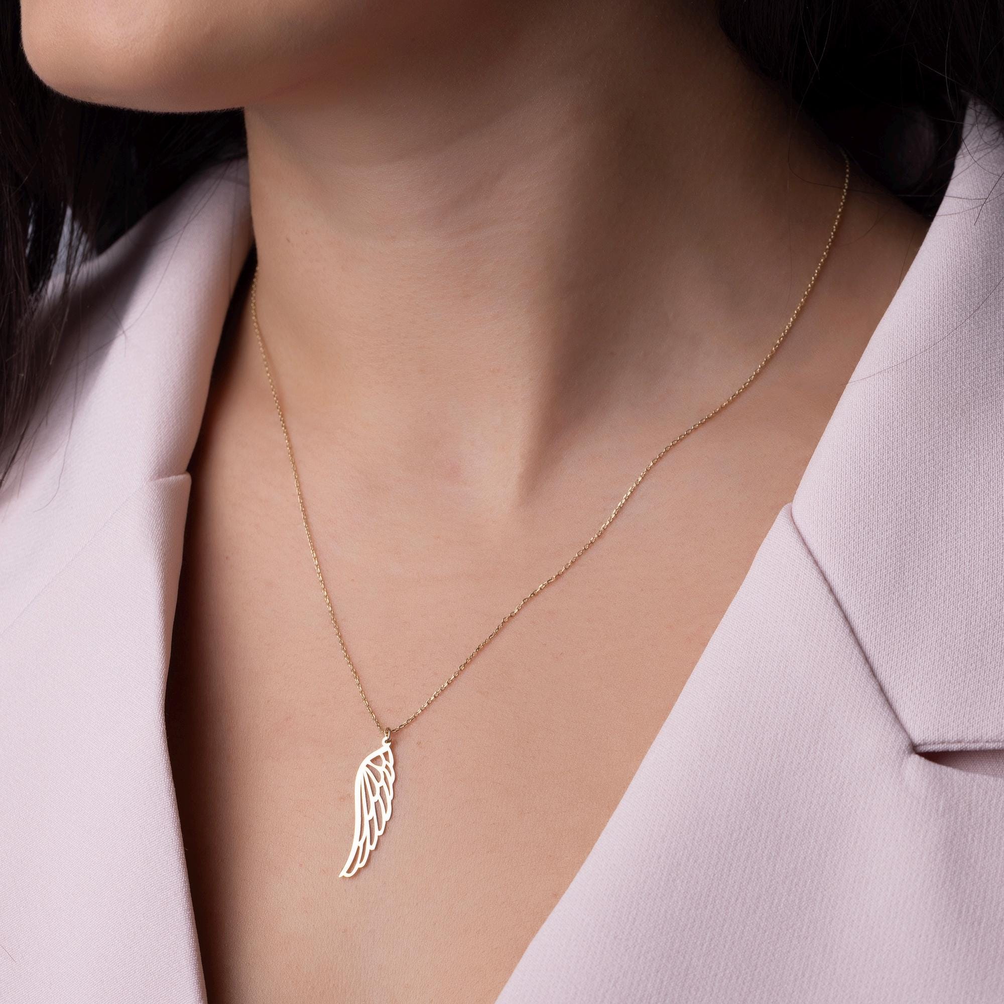 14K Solid Gold Angel Wing Necklace - Dainty Real Gold Pendant
