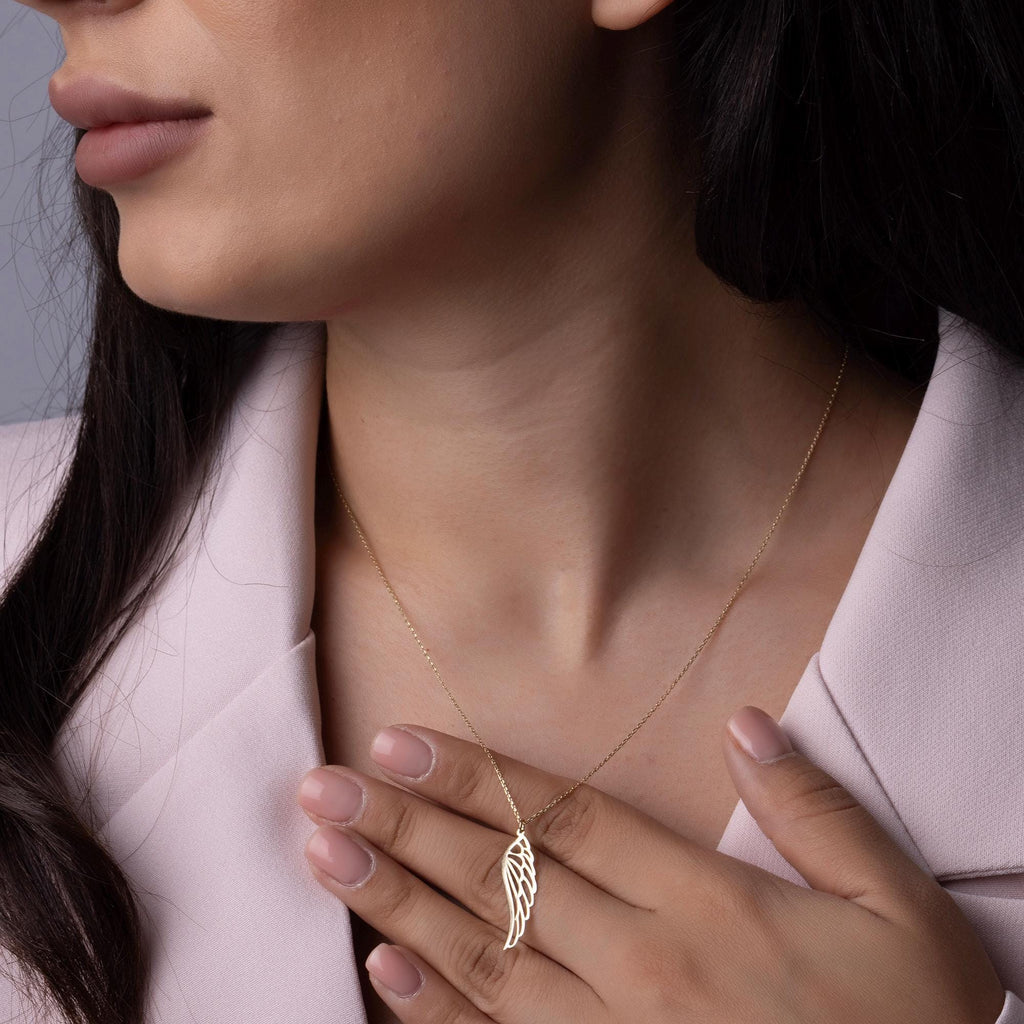 14K Solid Gold Angel Wing Necklace - Dainty Real Gold Pendant