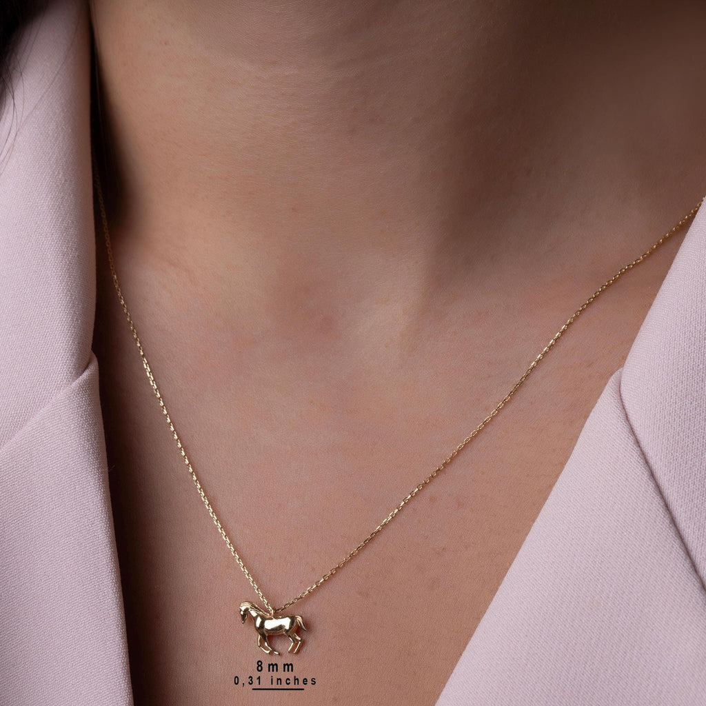 14K Solid Gold Horse Necklace - Real Gold Animal Pendant