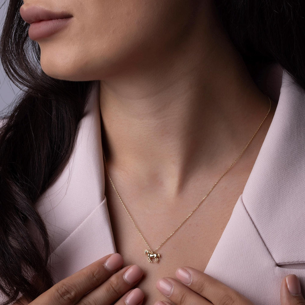 14K Solid Gold Horse Necklace - Real Gold Animal Pendant