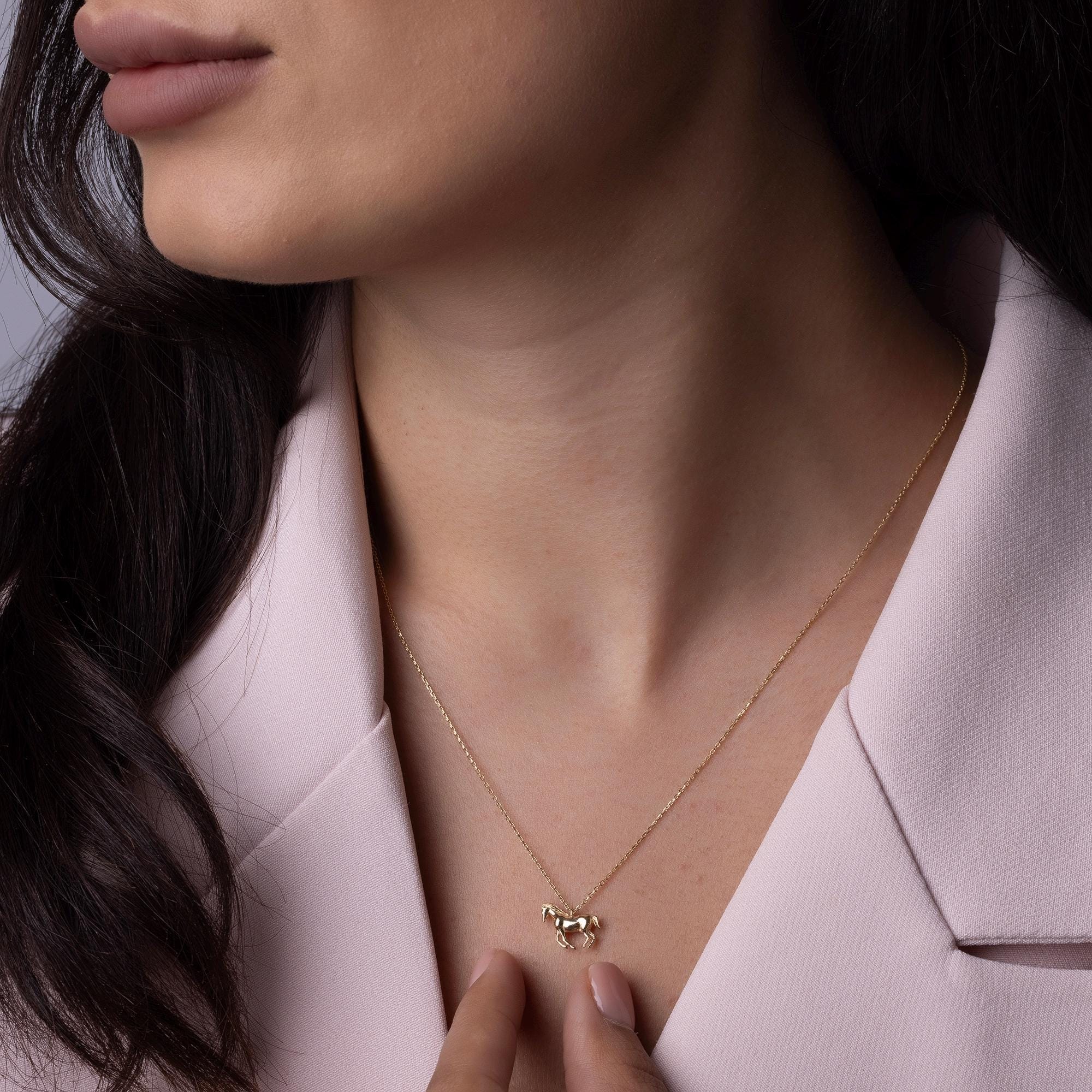 14K Solid Gold Horse Necklace - Real Gold Animal Pendant