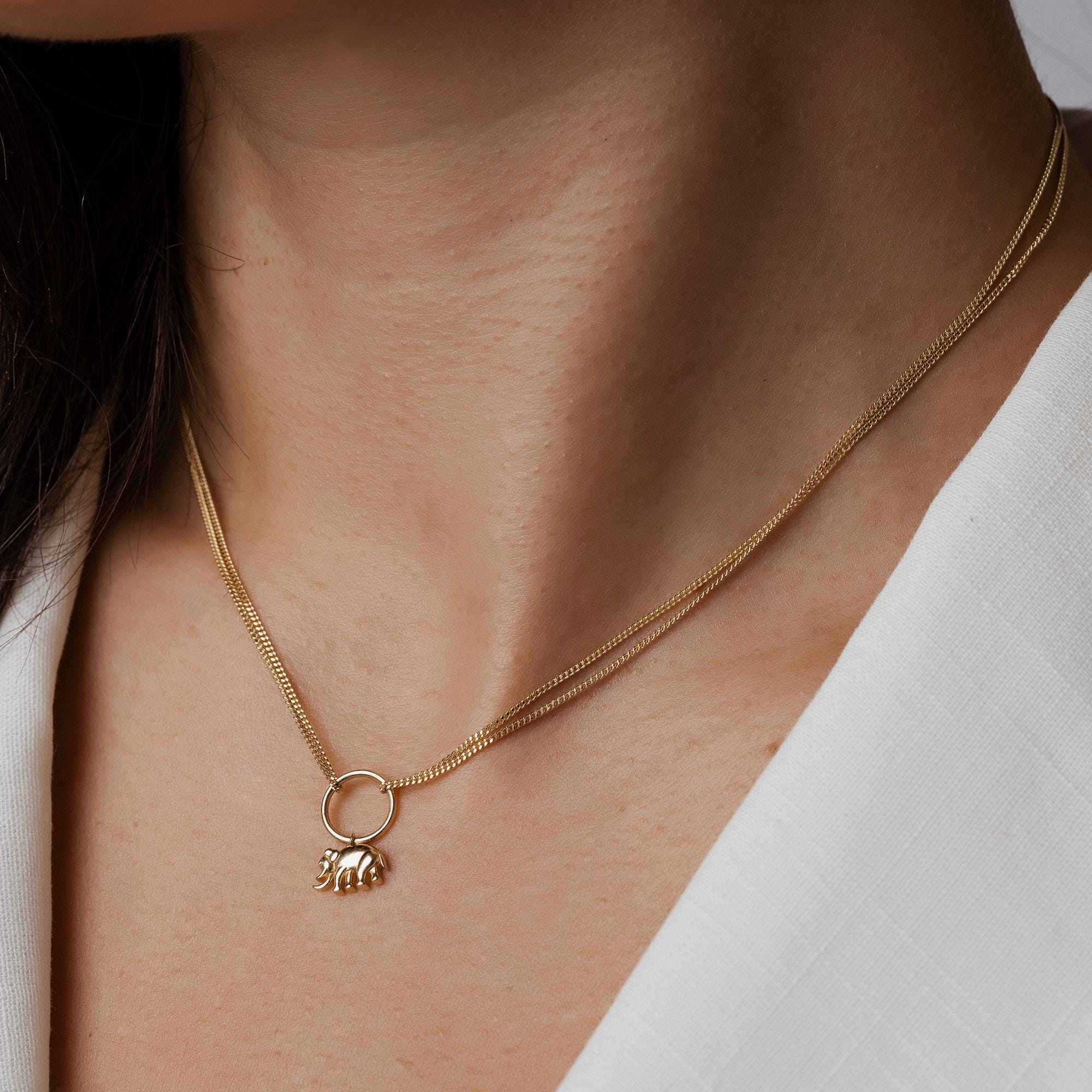 14K Solid Gold Elephant Necklace - Lucky Charm Pendant