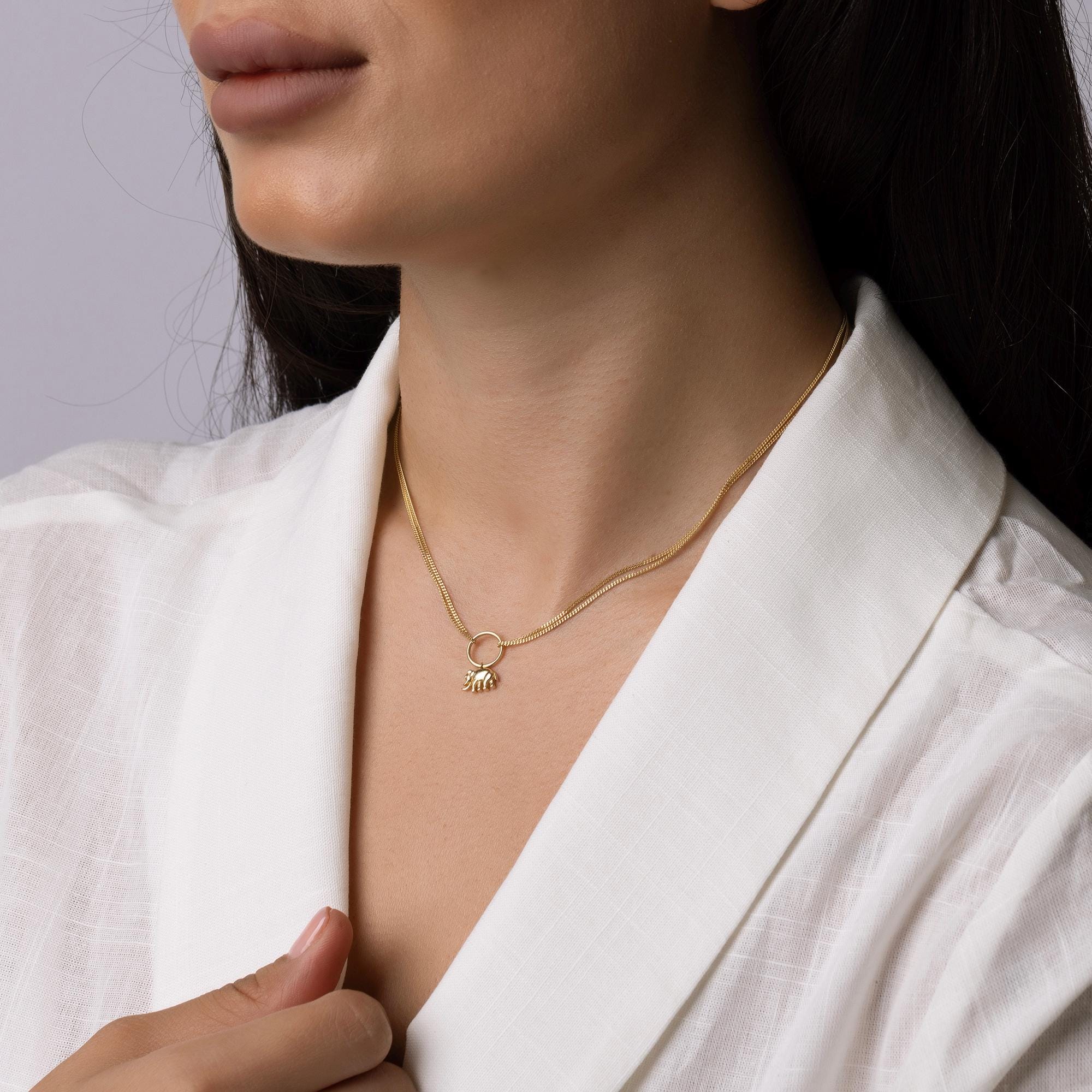 14K Solid Gold Elephant Necklace - Lucky Charm Pendant