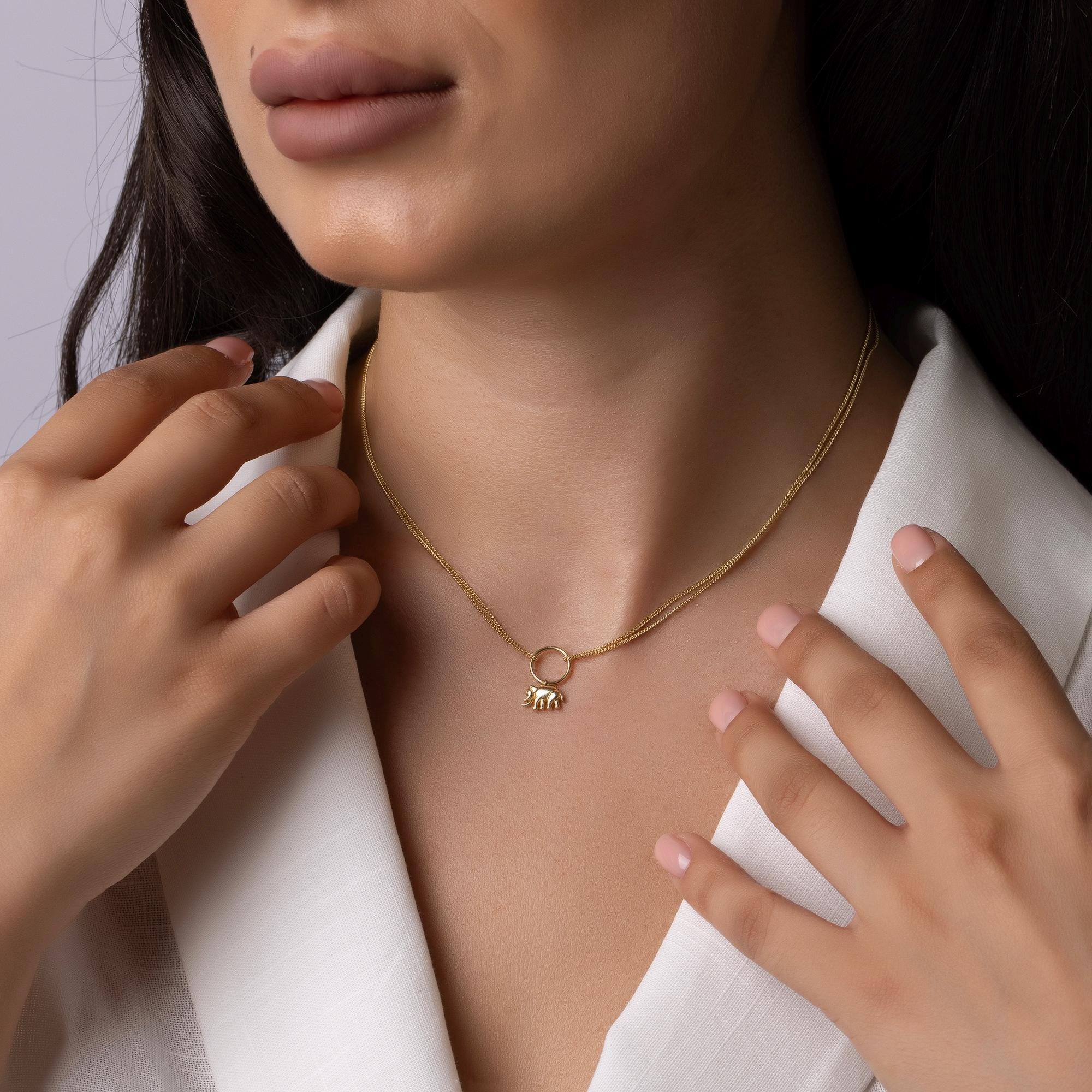 14K Solid Gold Elephant Necklace - Lucky Charm Pendant