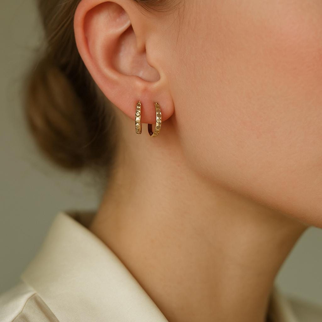 14K Solid Gold Textured Hoop Earrings – Elegant Hammered Gold Hoops