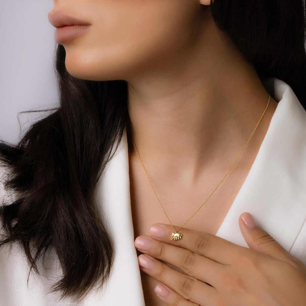 14K Solid Gold Elephant Necklace - Dainty Lucky Charm Pendant