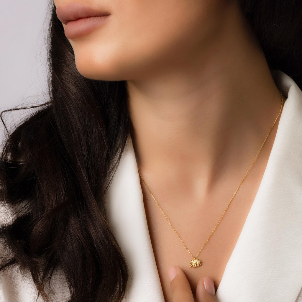 14K Solid Gold Elephant Necklace - Dainty Lucky Charm Pendant