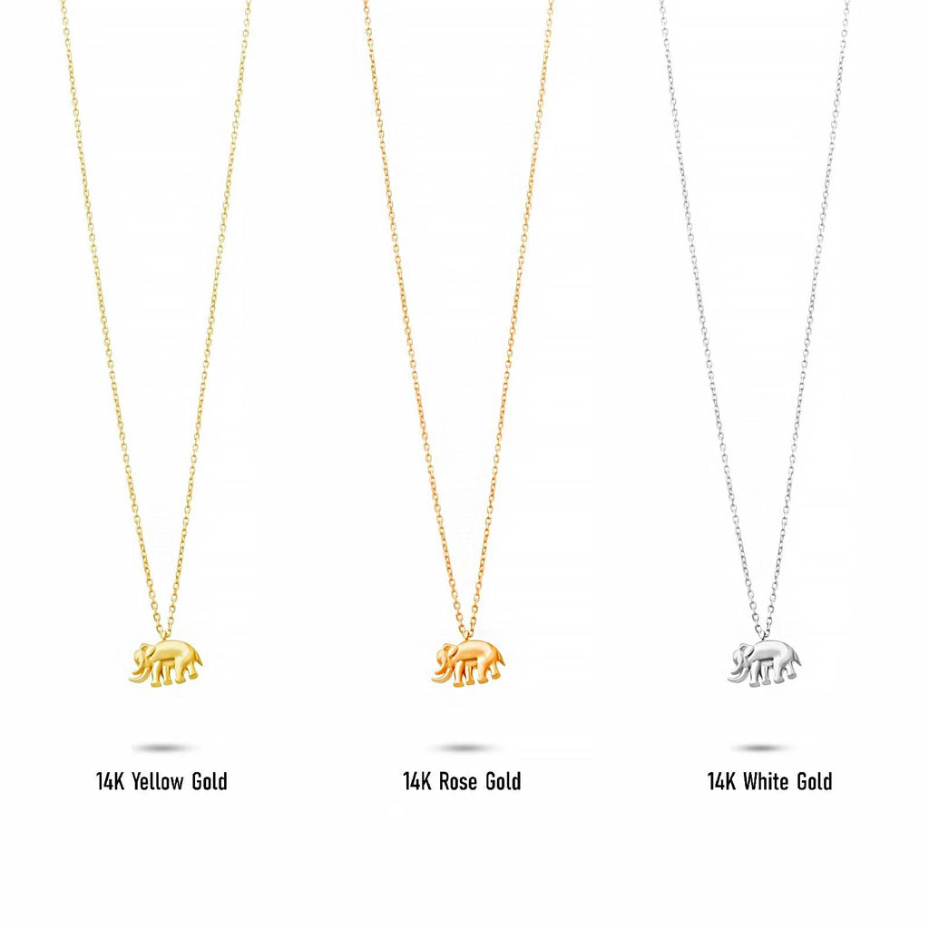 14K Solid Gold Elephant Necklace - Dainty Lucky Charm Pendant