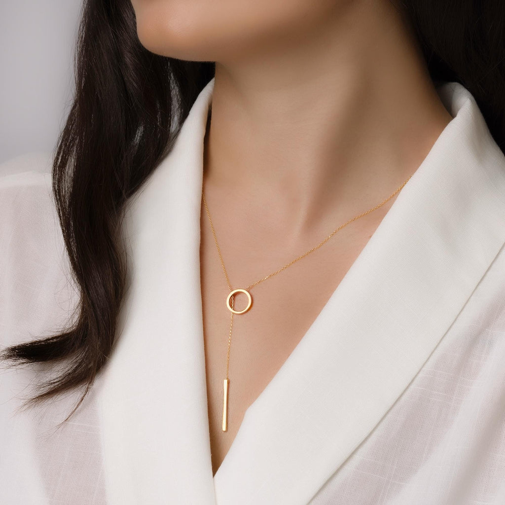 14K Solid Gold Circle Bar Lariat Necklace – Dainty Y Pendant Necklace