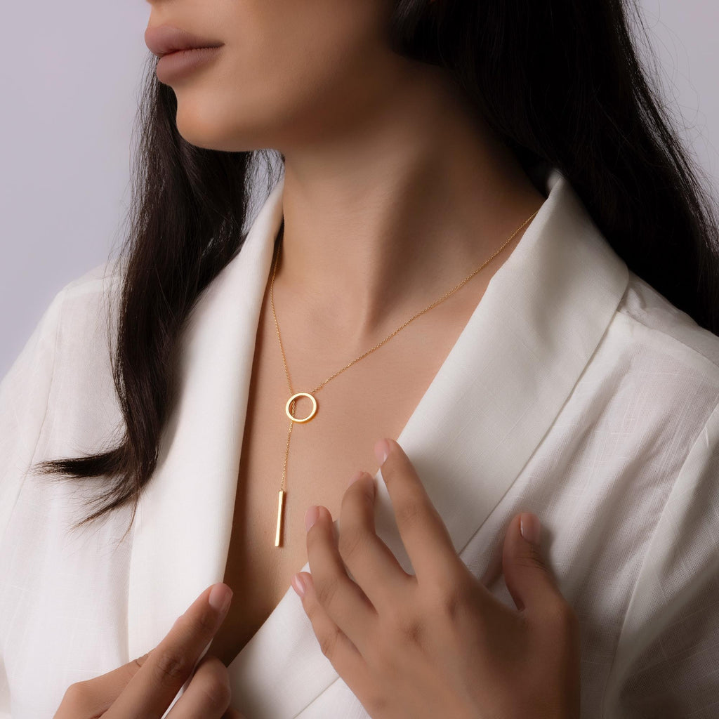 14K Solid Gold Circle Bar Lariat Necklace – Dainty Y Pendant Necklace