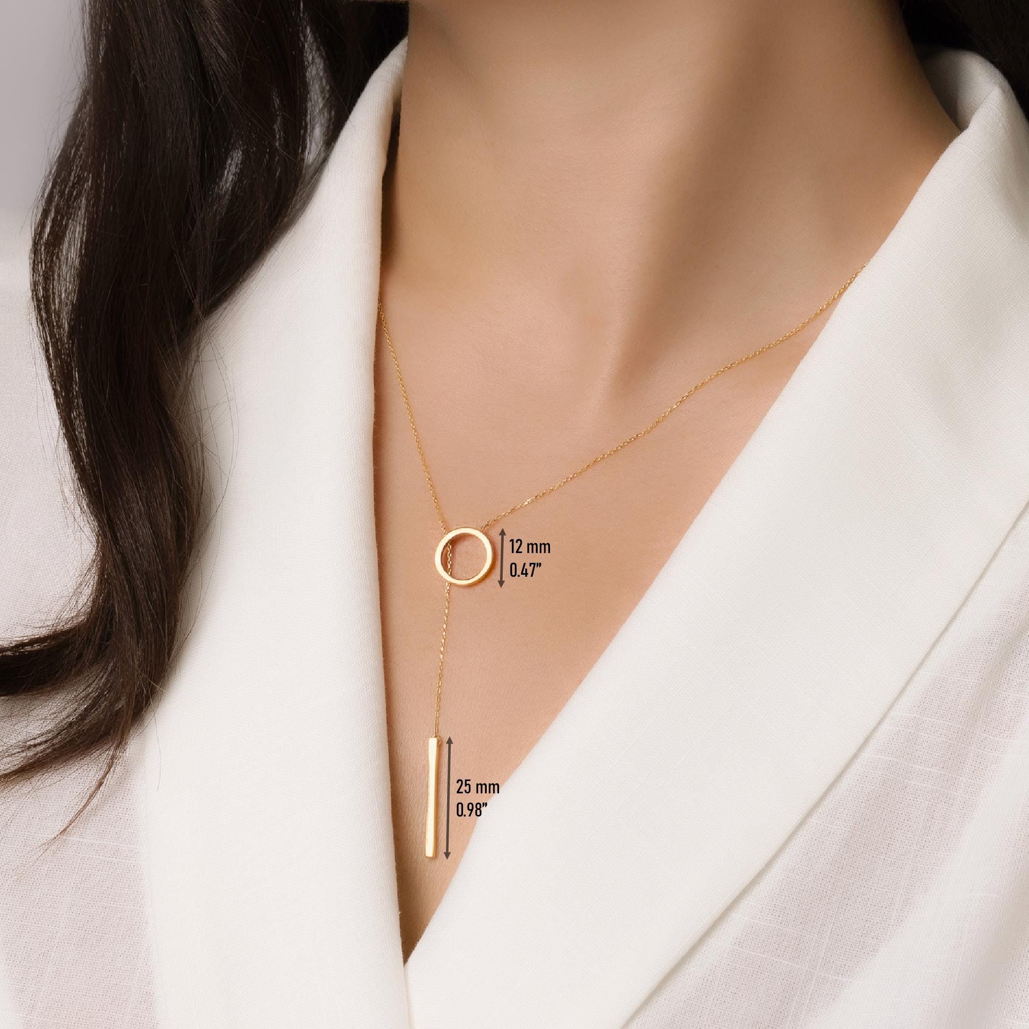 14K Solid Gold Circle Bar Lariat Necklace – Dainty Y Pendant Necklace