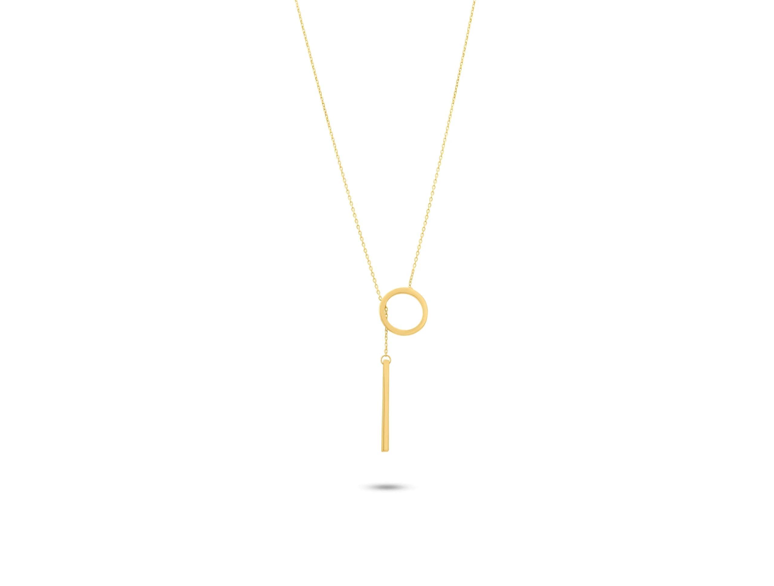 14K Solid Gold Circle Bar Lariat Necklace – Dainty Y Pendant Necklace