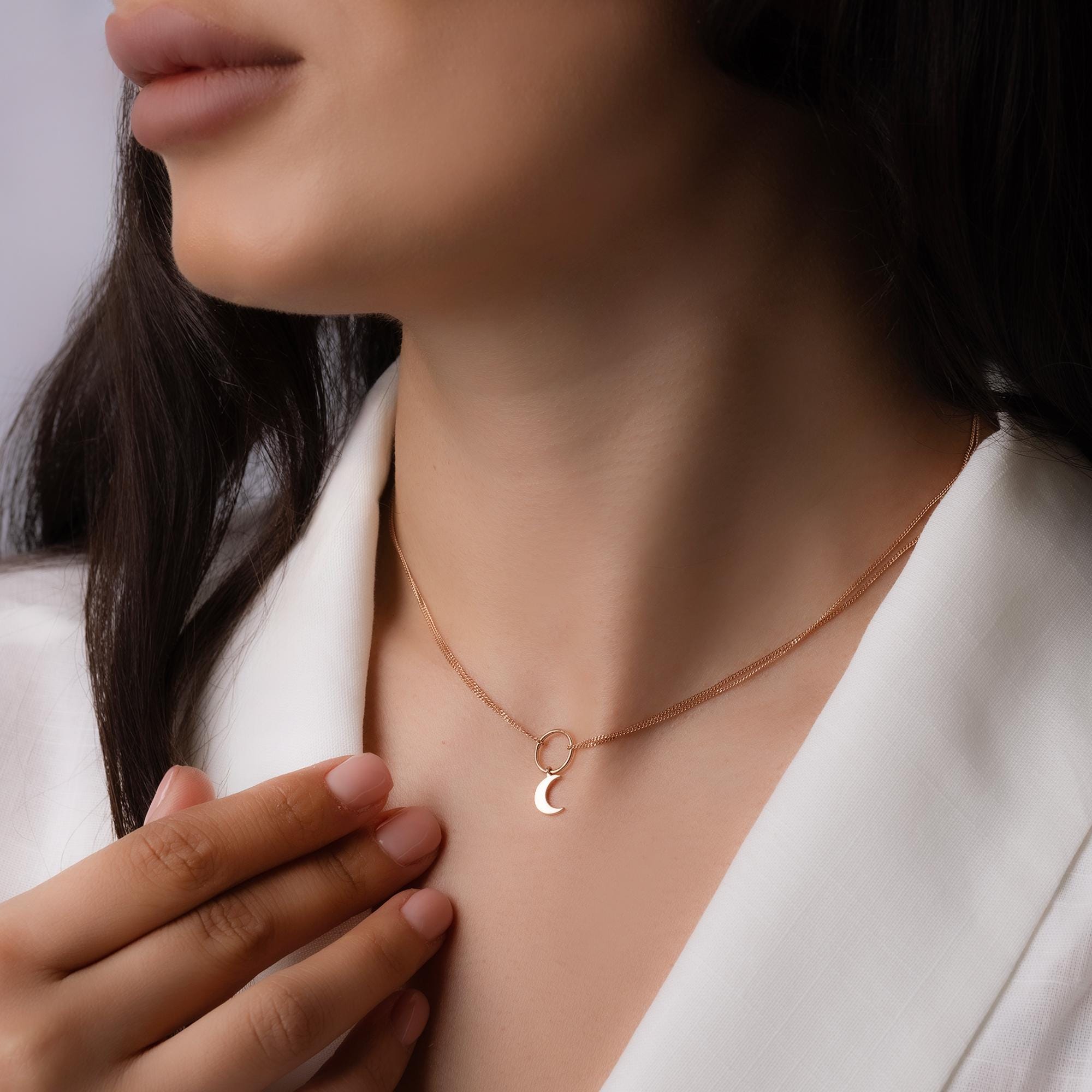 14K Solid Gold Double Chain Moon Necklace – Dainty Layered Celestial Pendant