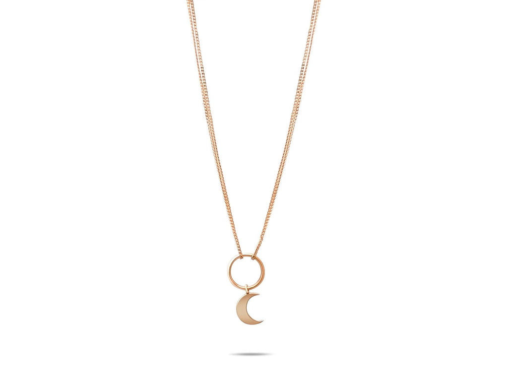 14K Solid Gold Double Chain Moon Necklace – Dainty Layered Celestial Pendant