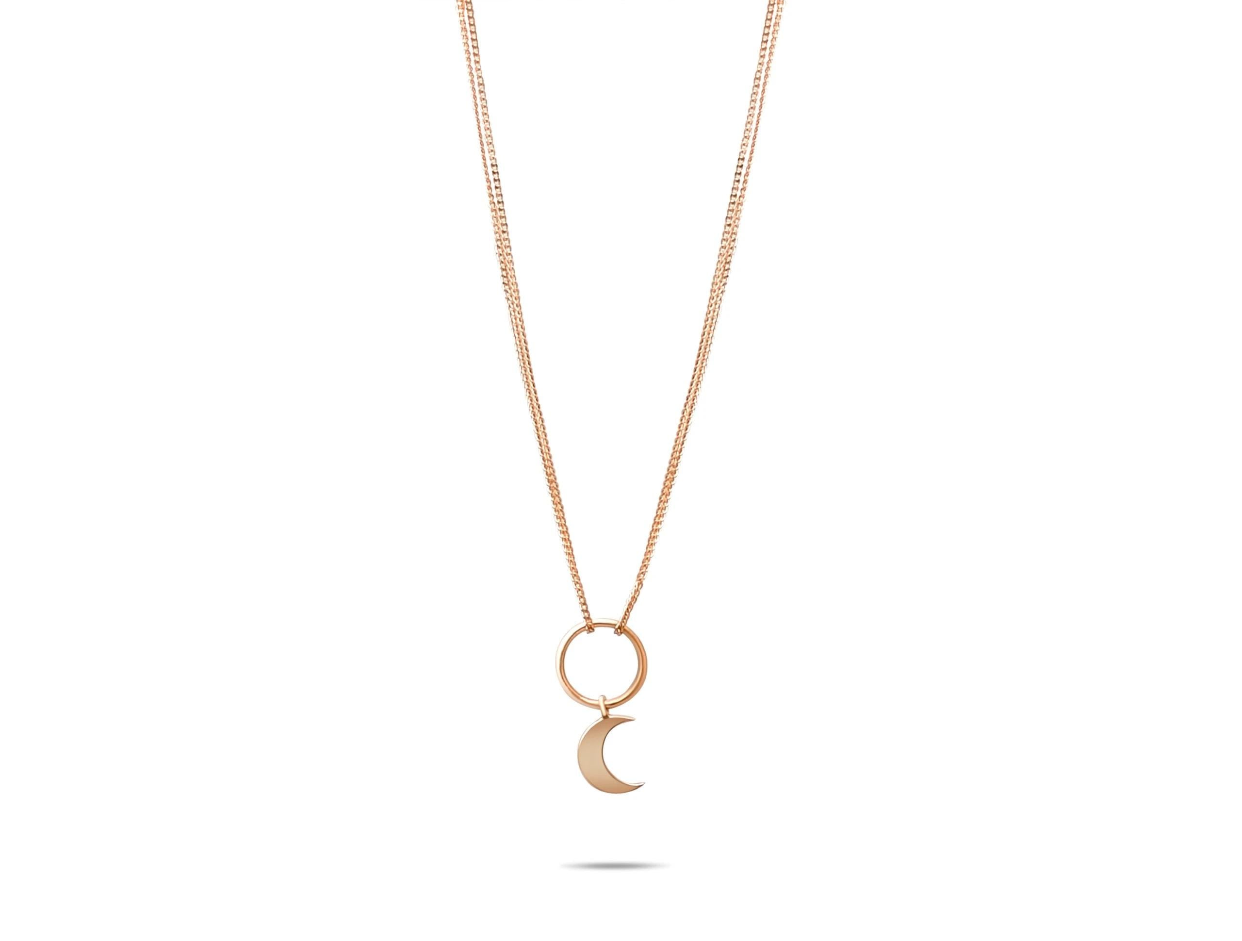 14K Solid Gold Double Chain Moon Necklace – Dainty Layered Celestial Pendant