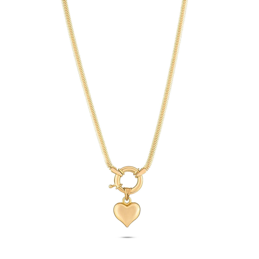 14K Solid Gold Heart Charm Necklace - Chunky Gold Chain