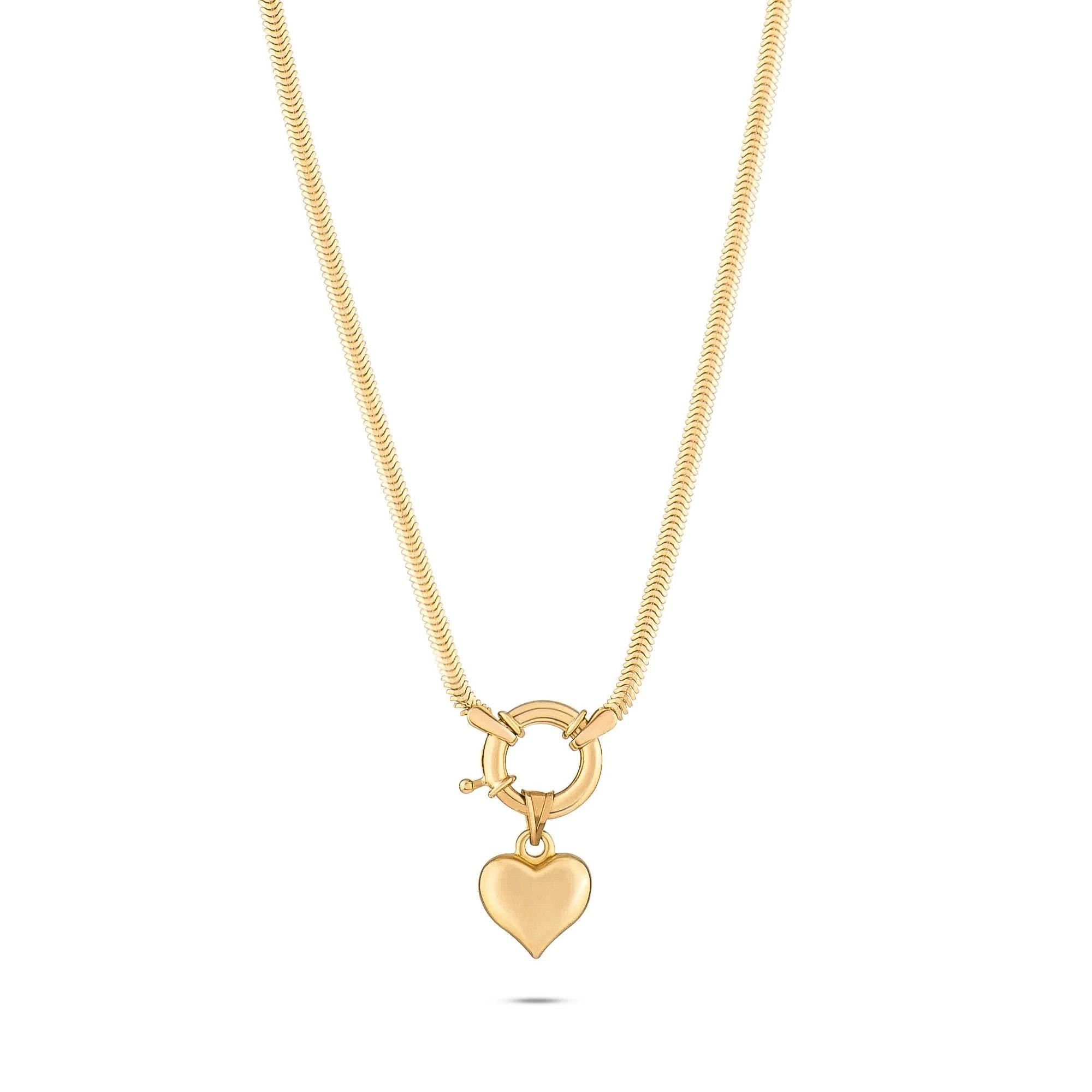 14K Solid Gold Heart Charm Necklace - Chunky Gold Chain