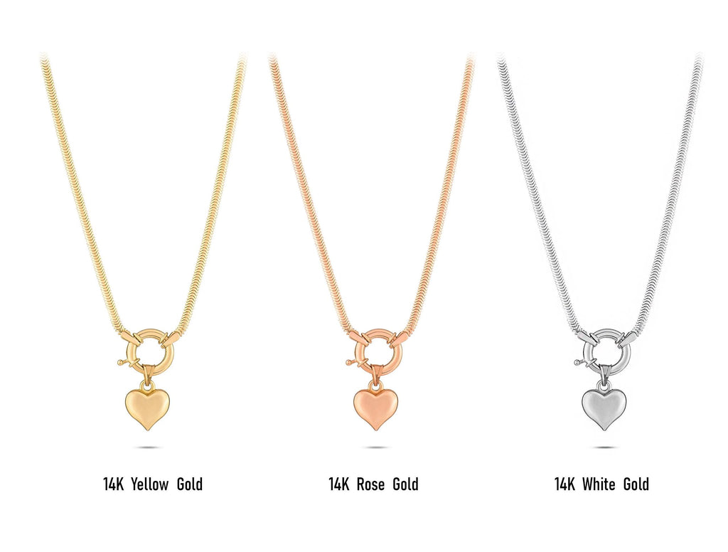 14K Solid Gold Heart Charm Necklace - Chunky Gold Chain
