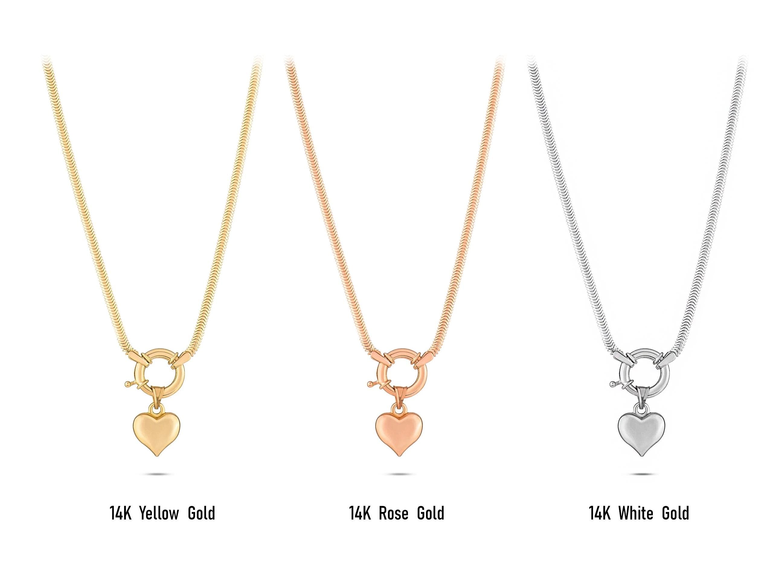 14K Solid Gold Heart Charm Necklace - Chunky Gold Chain