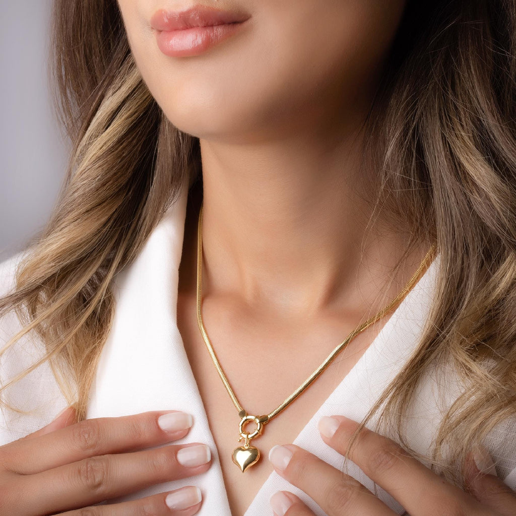 14K Solid Gold Heart Charm Necklace - Chunky Gold Chain