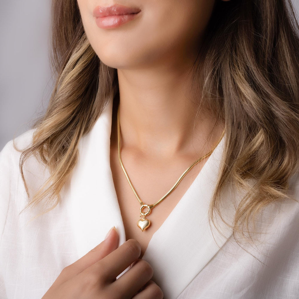 14K Solid Gold Heart Charm Necklace - Chunky Gold Chain