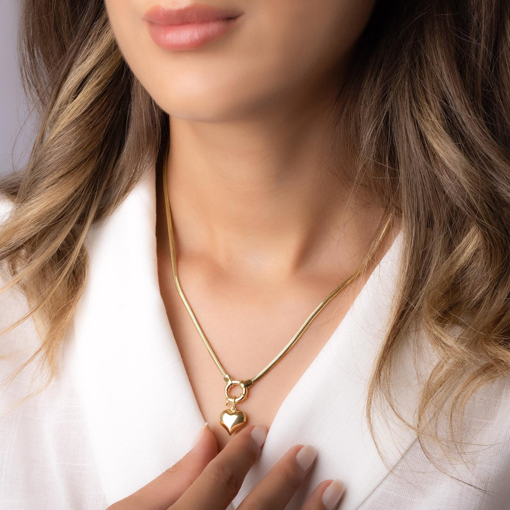 14K Solid Gold Heart Charm Necklace - Chunky Gold Chain